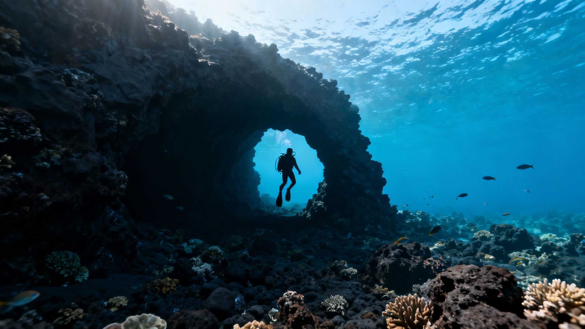 A scuba diver explores a vibrant coral reef in Kona, Hawaii.