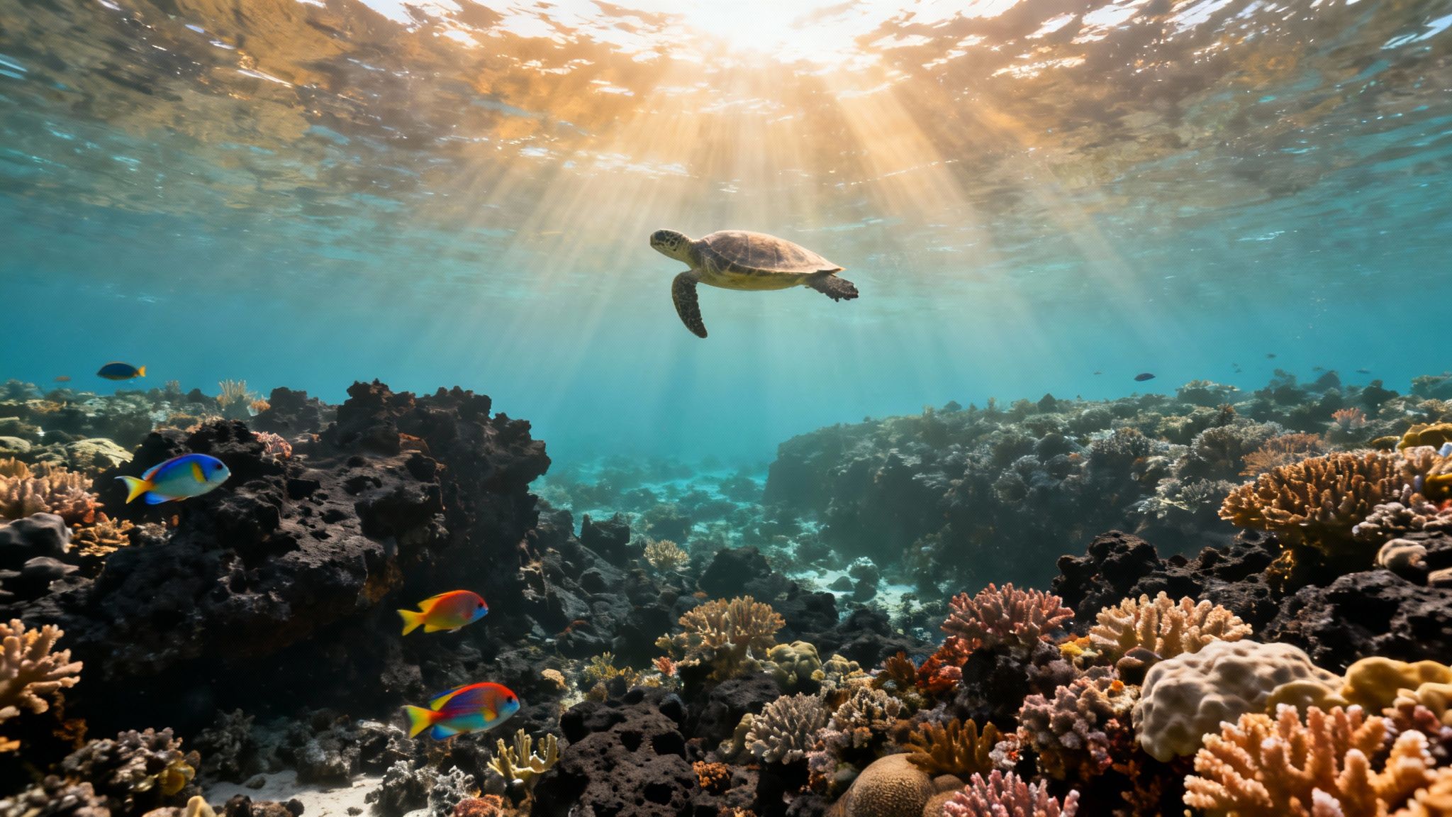 A scuba diver swims over a coral reef with a school of yellow tang fish on the Big Island of Hawaii.