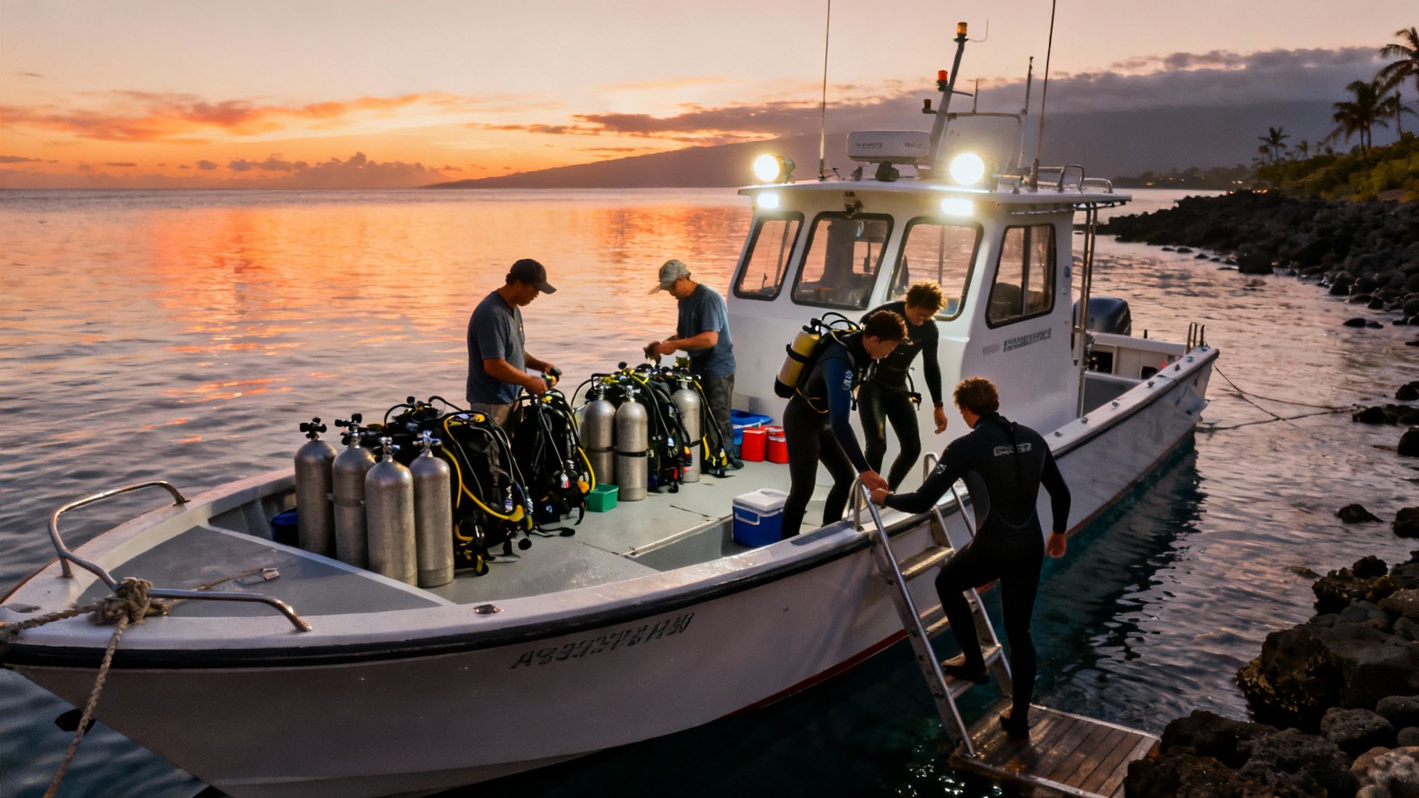 Divers prepare their scuba gear on a boat at sunset, with an orange sky reflecting on the water.