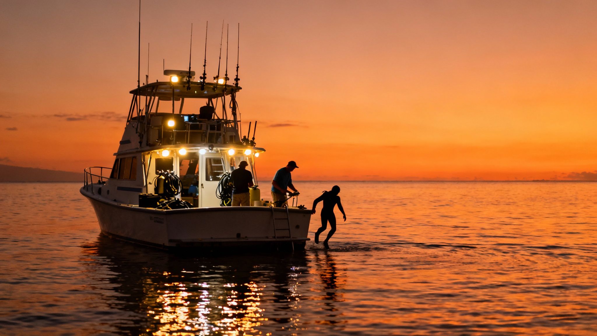 A stunning Kona sunset viewed from a dive boat on the calm ocean, with silhouettes of divers preparing their gear.
