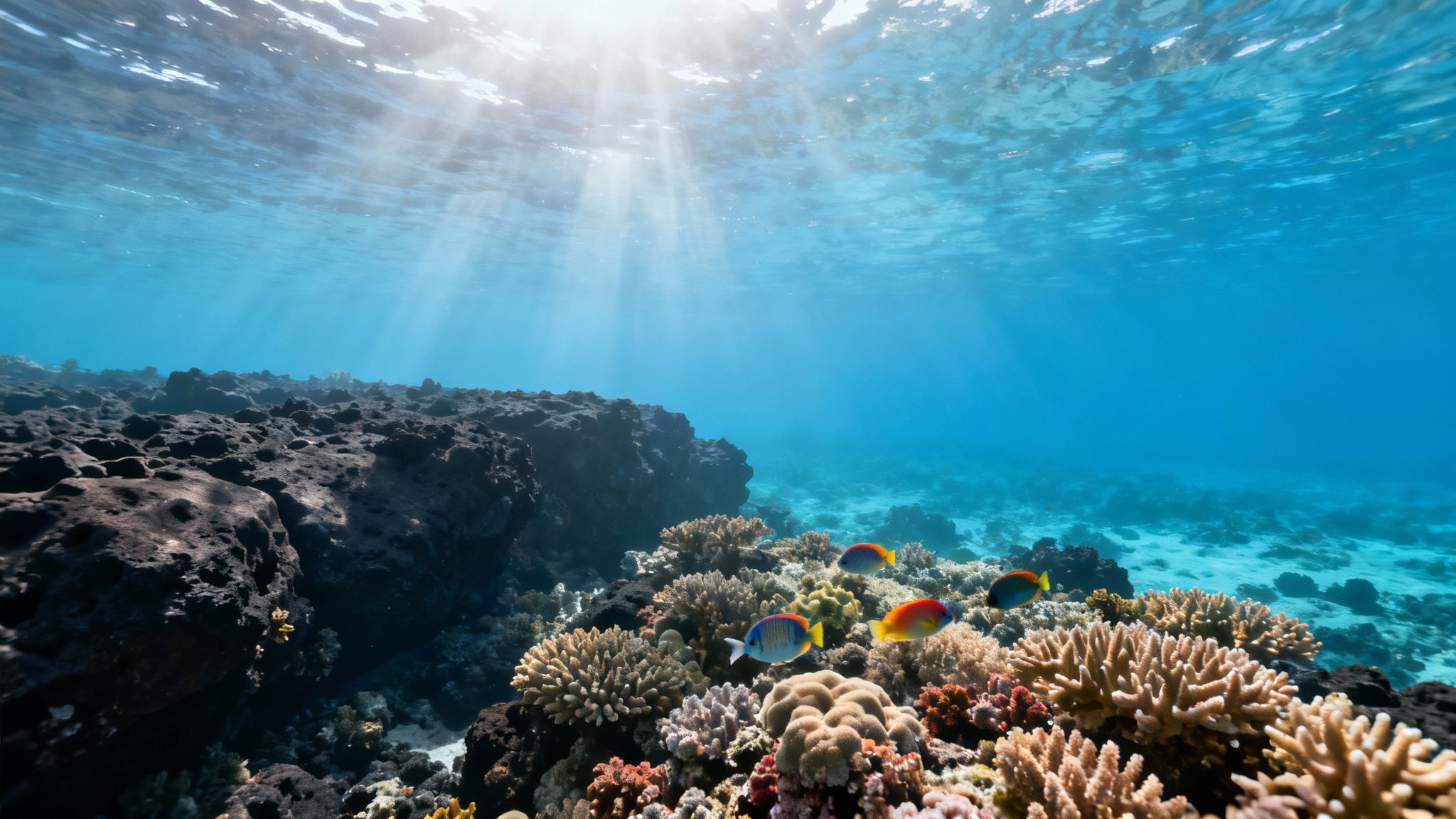 Stunning underwater view of a vibrant coral reef, colorful fish, and sun rays piercing clear blue water.
