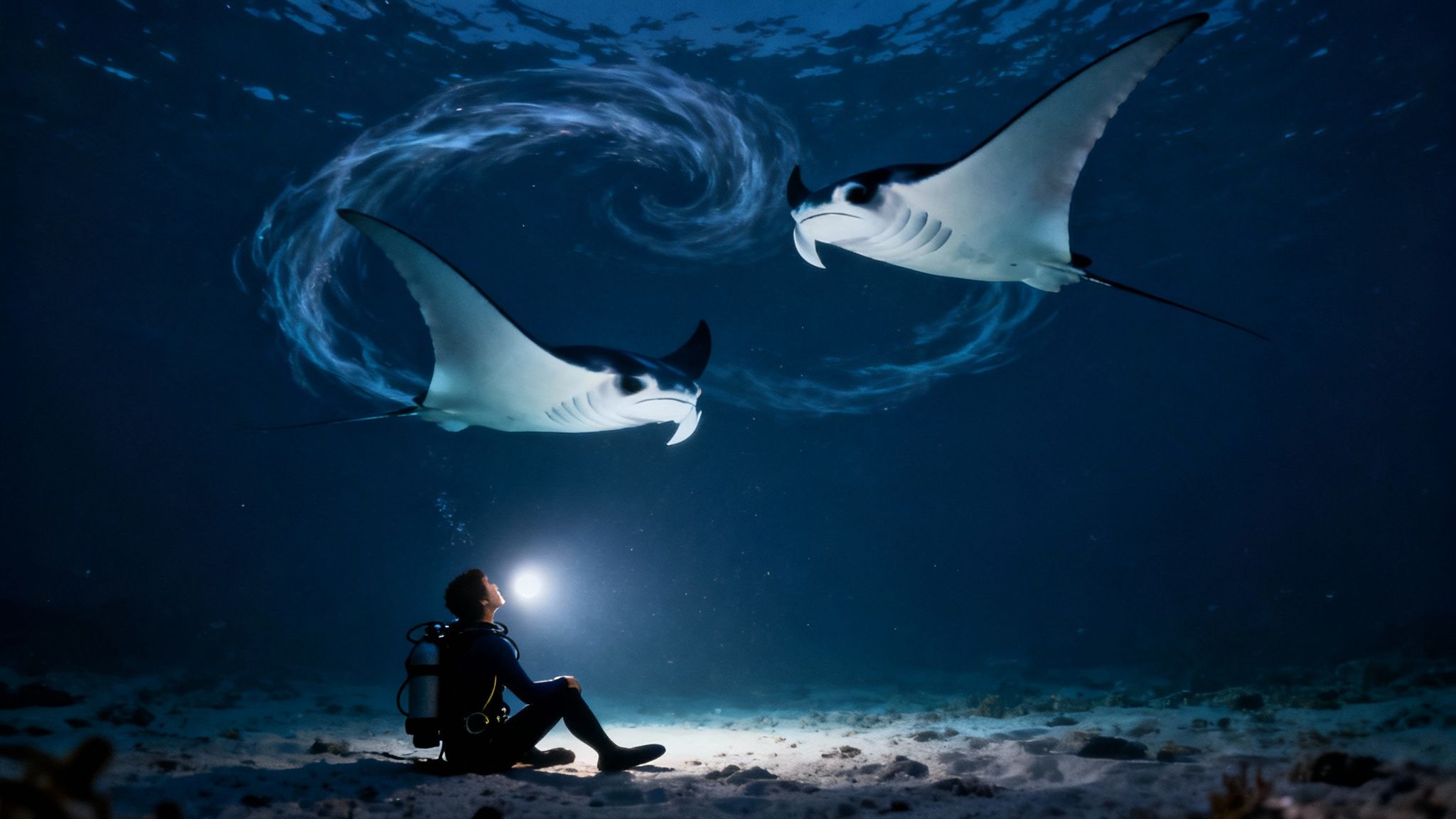 Manta rays feeding at night, illuminated by dive lights.