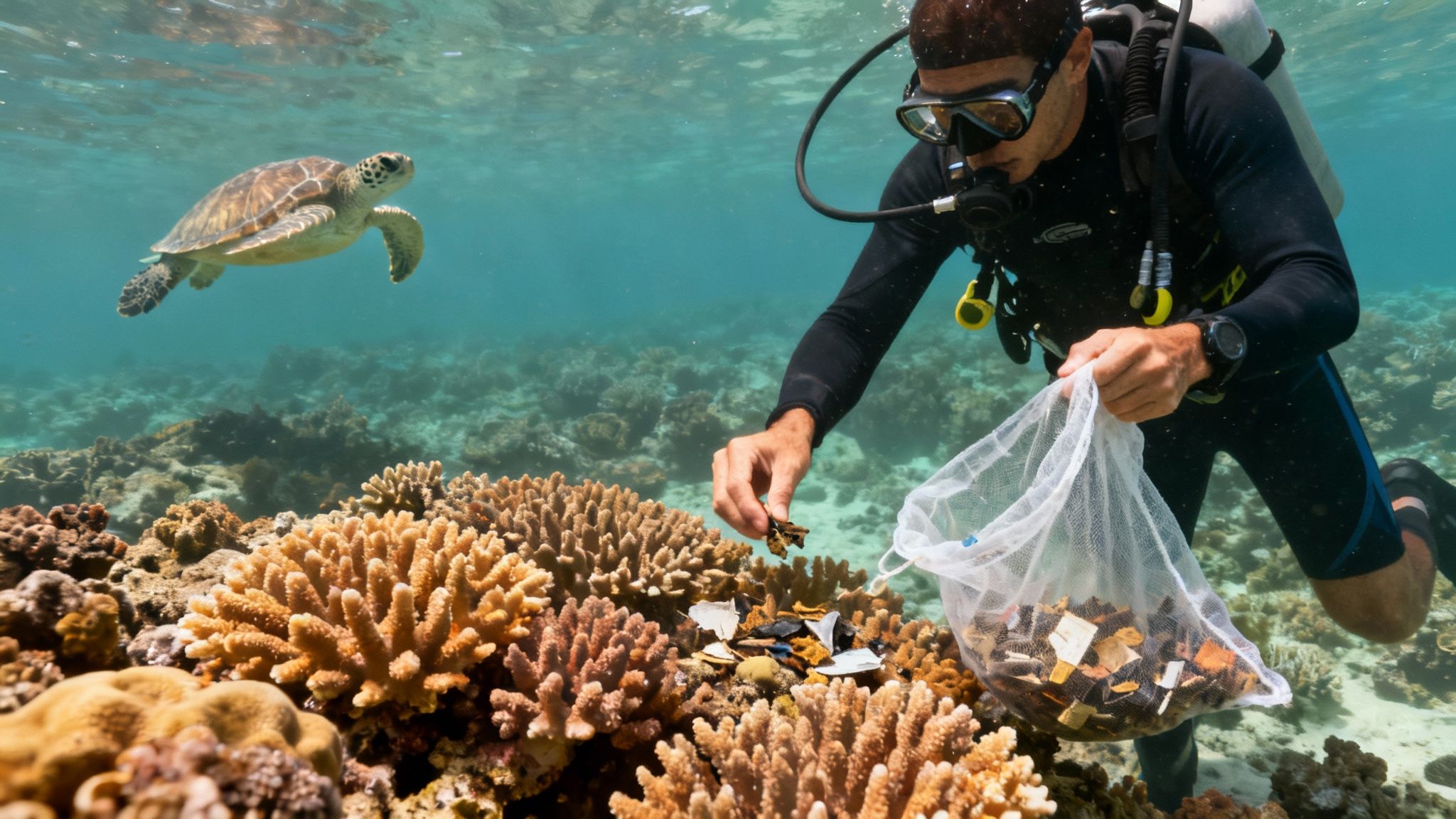 A green sea turtle swims over a coral reef, representing the fragile marine life that needs protection.