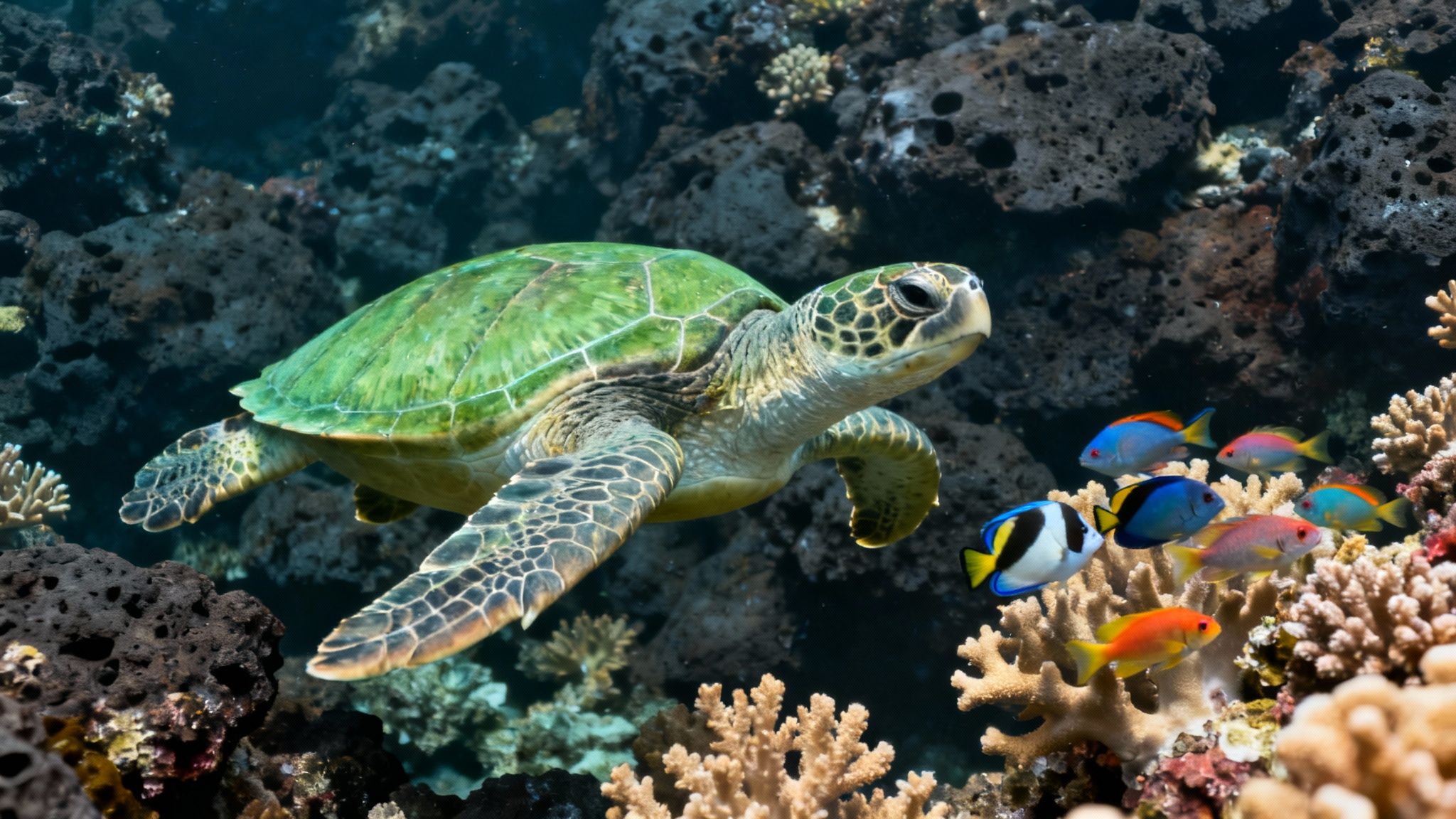 A green sea turtle swims gracefully over a coral reef in the clear blue waters of the Big Island, Hawaii.