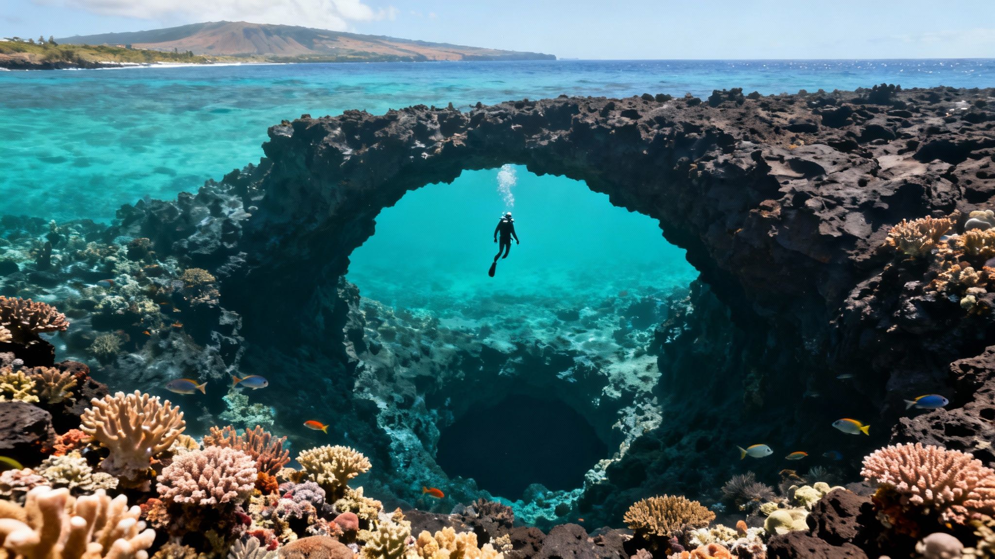 A scuba diver swims through a natural underwater arch surrounded by vibrant coral reefs in clear blue water.