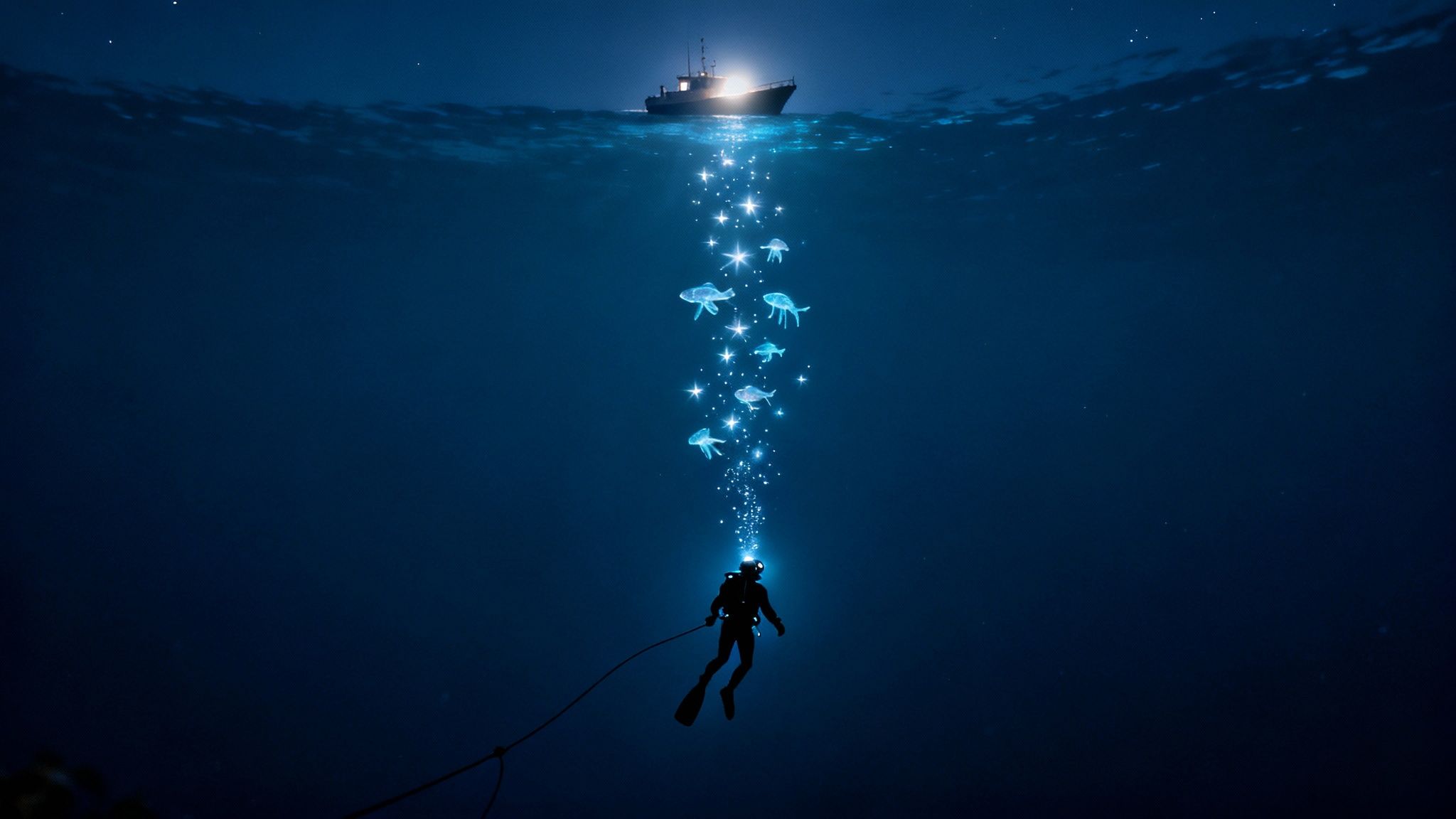 A diver with a headlamp in deep blue water follows glowing fish towards a boat.