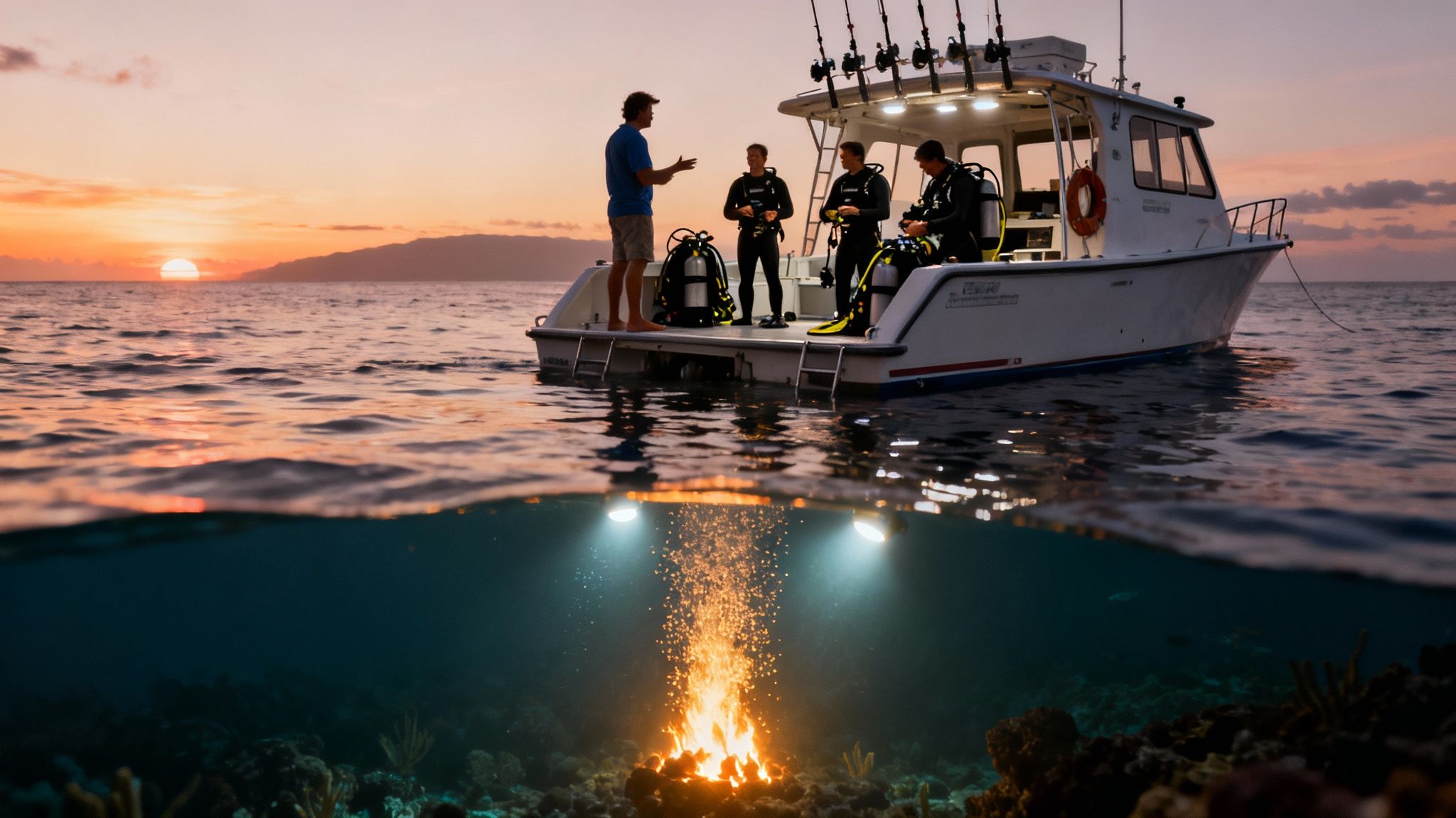 A boat at sunset with divers preparing, while underwater lights illuminate a vibrant reef scene.