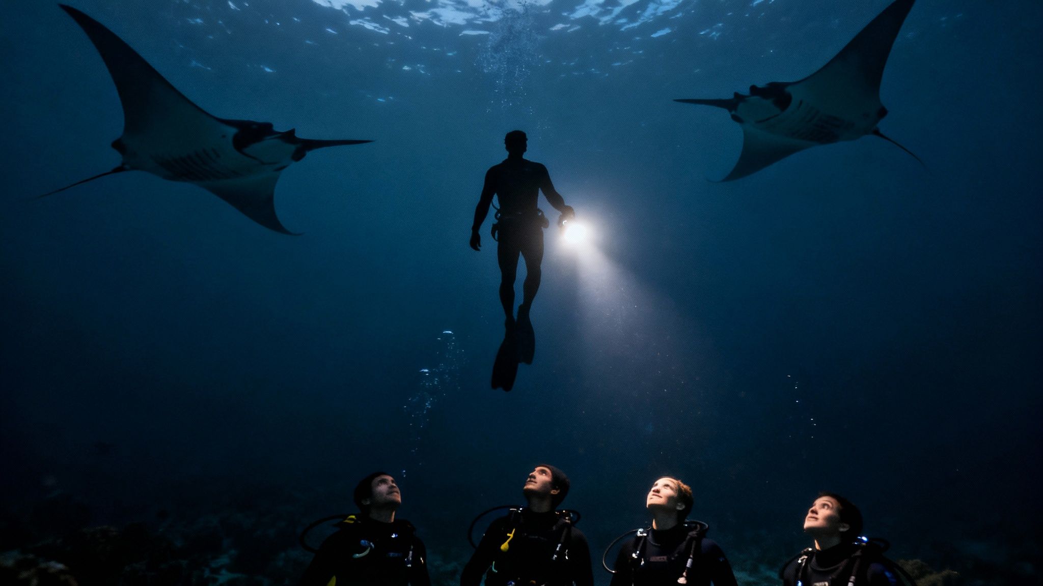 Freediver with flashlight illuminates manta rays above scuba divers in a dark blue ocean.