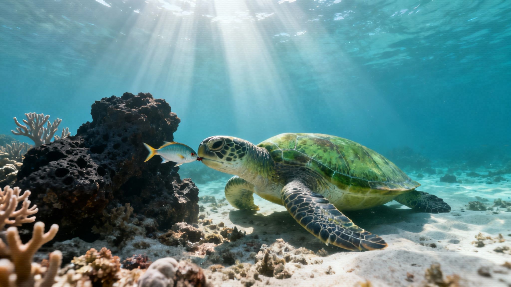 A sea turtle swims gracefully over a colorful coral reef on the Big Island of Hawaii