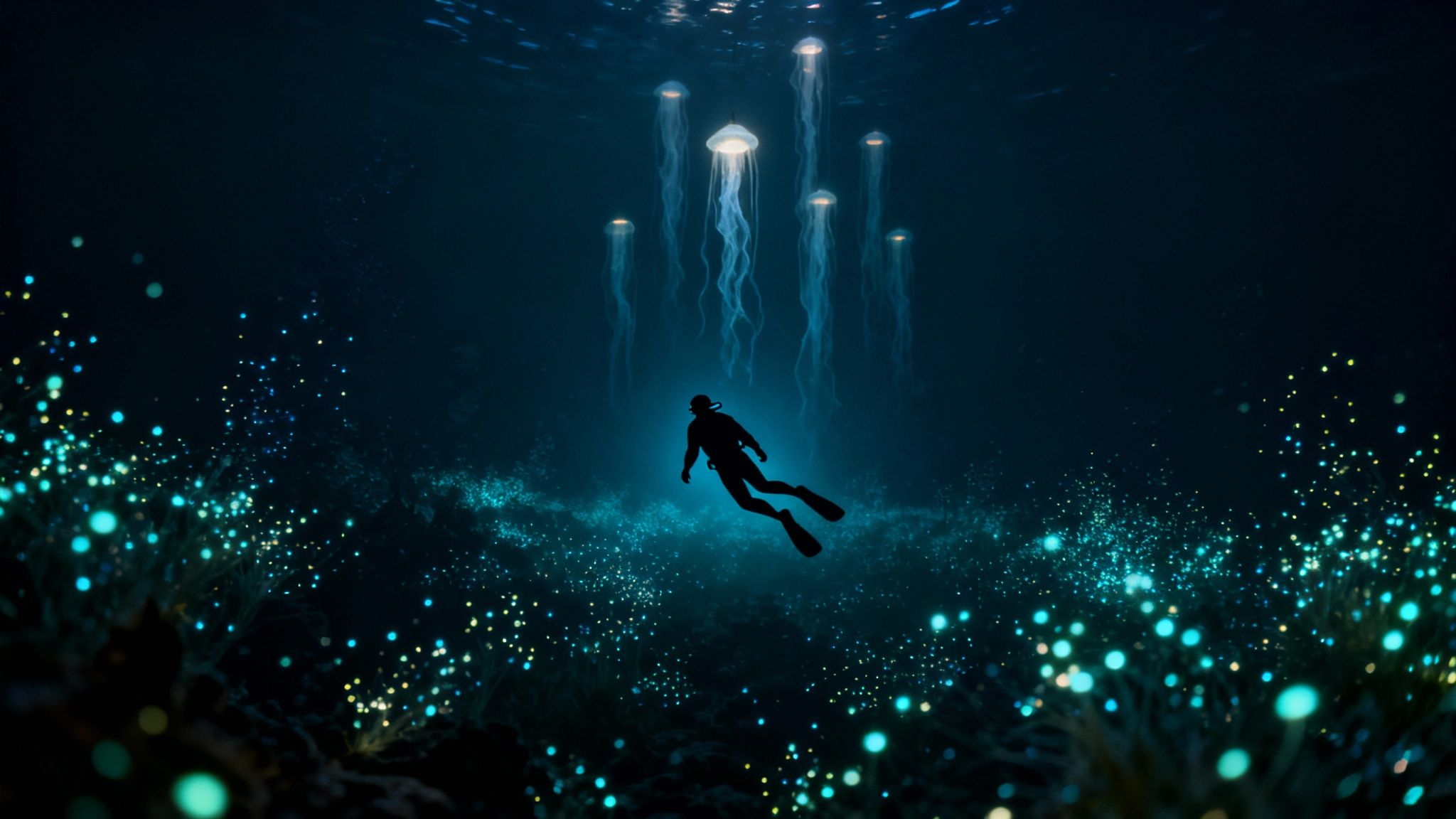 A diver floats in a dark ocean among glowing jellyfish and bioluminescent marine life.