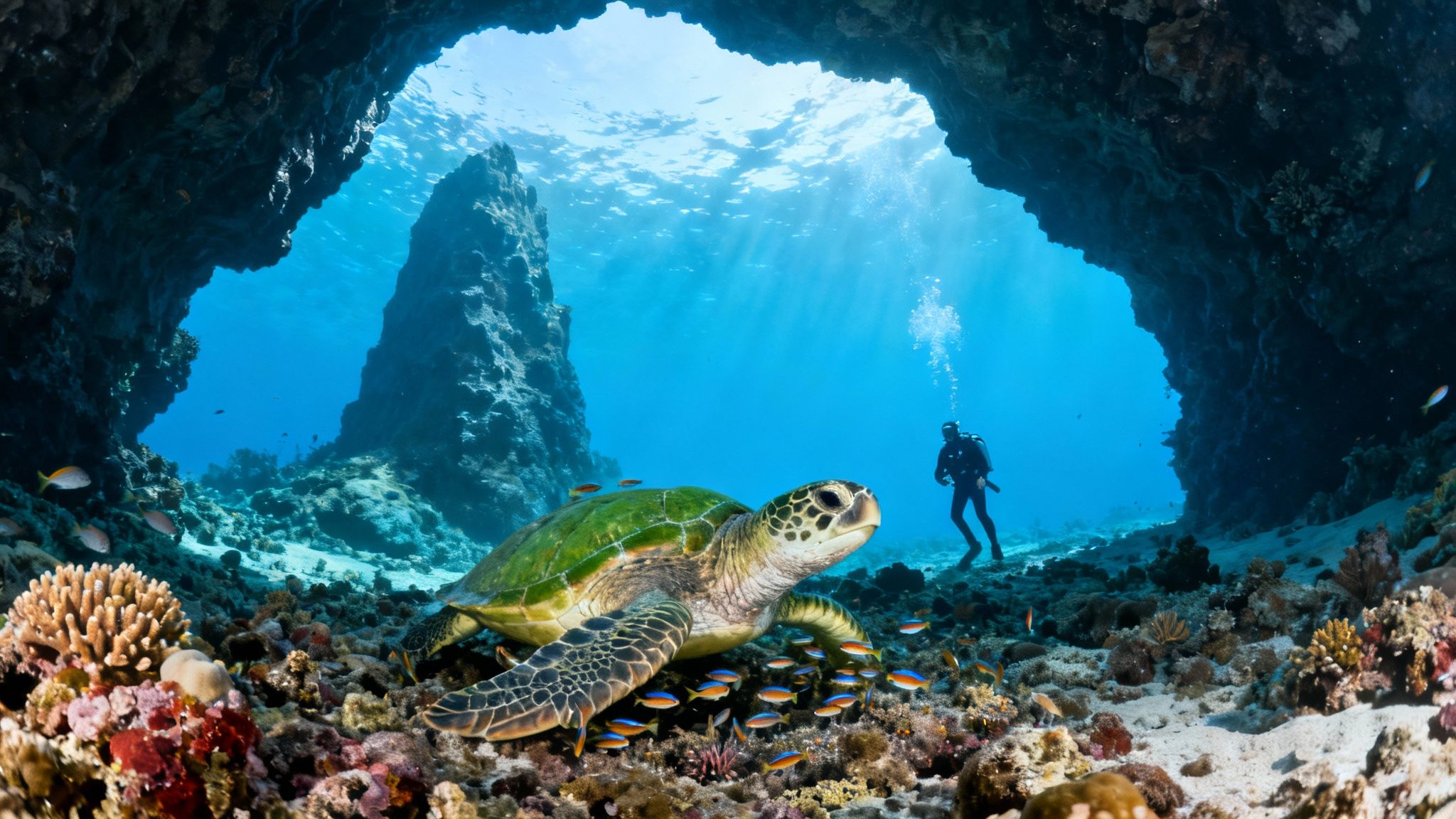 A vibrant underwater scene with a large sea turtle, colorful fish, corals, and a diver in a cave.