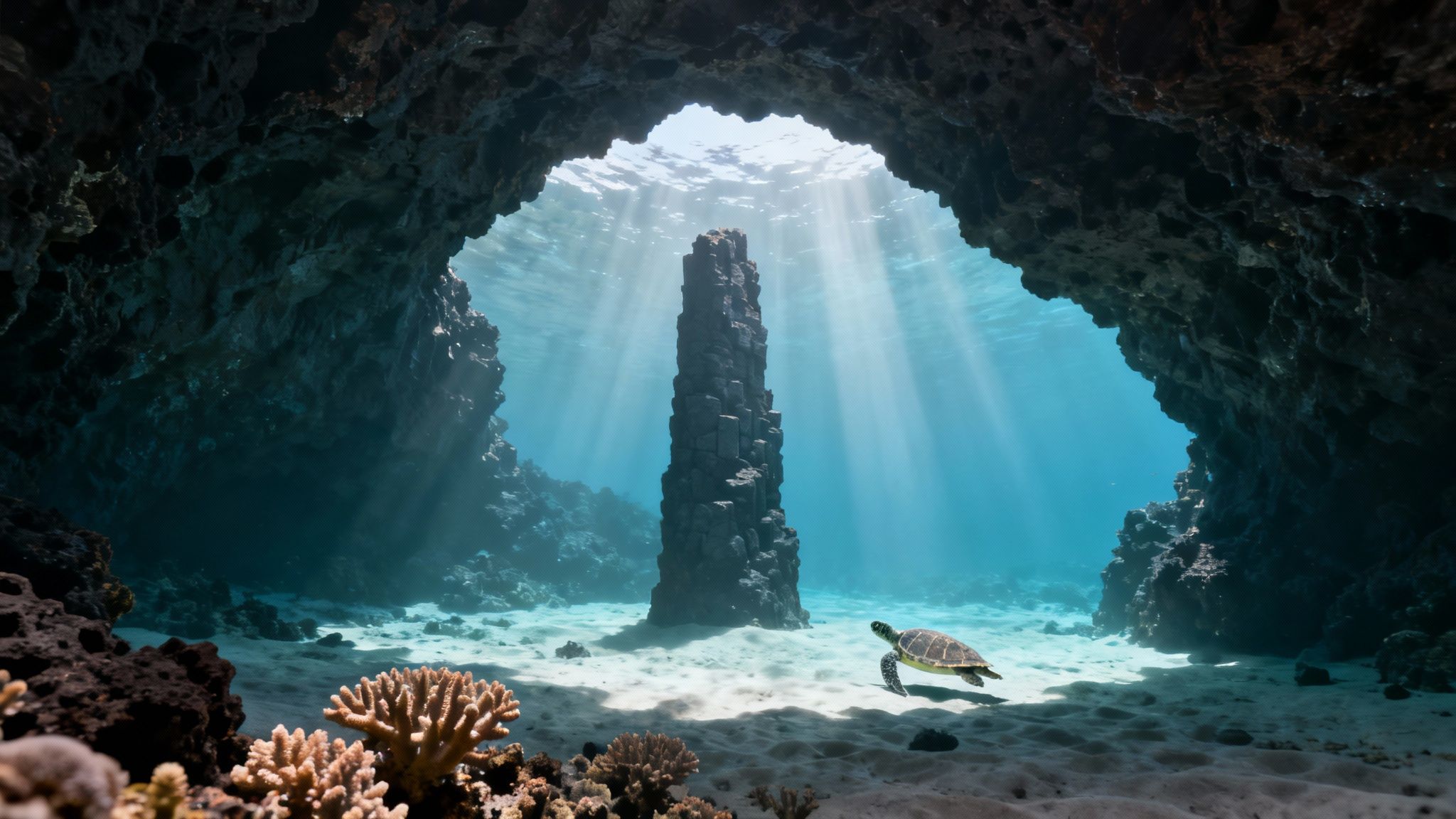 Underwater scene in a sunlit cave with a towering rock pillar and a swimming sea turtle.