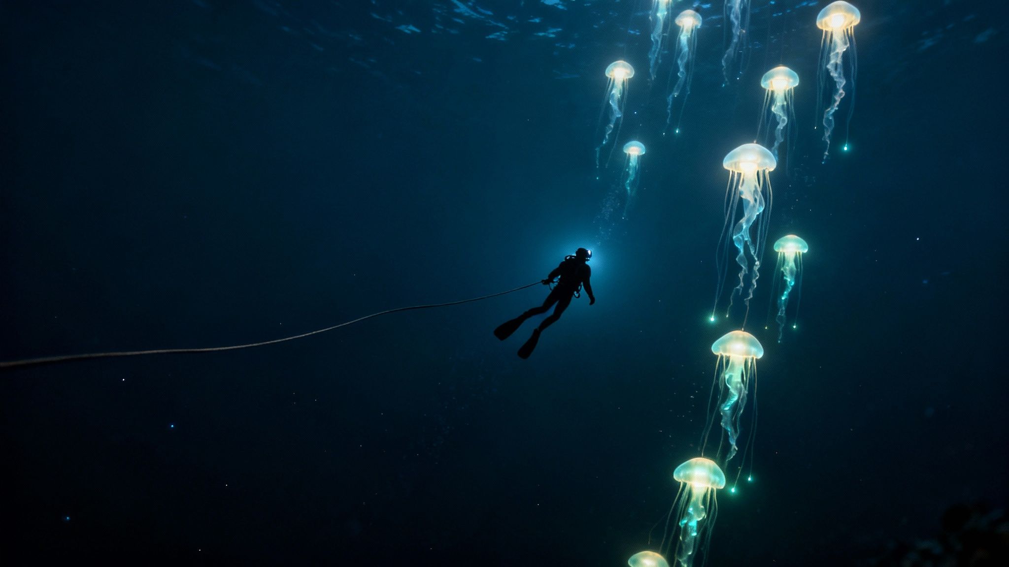 A lone scuba diver with a headlamp and rope swims amidst glowing jellyfish in the dark blue ocean.