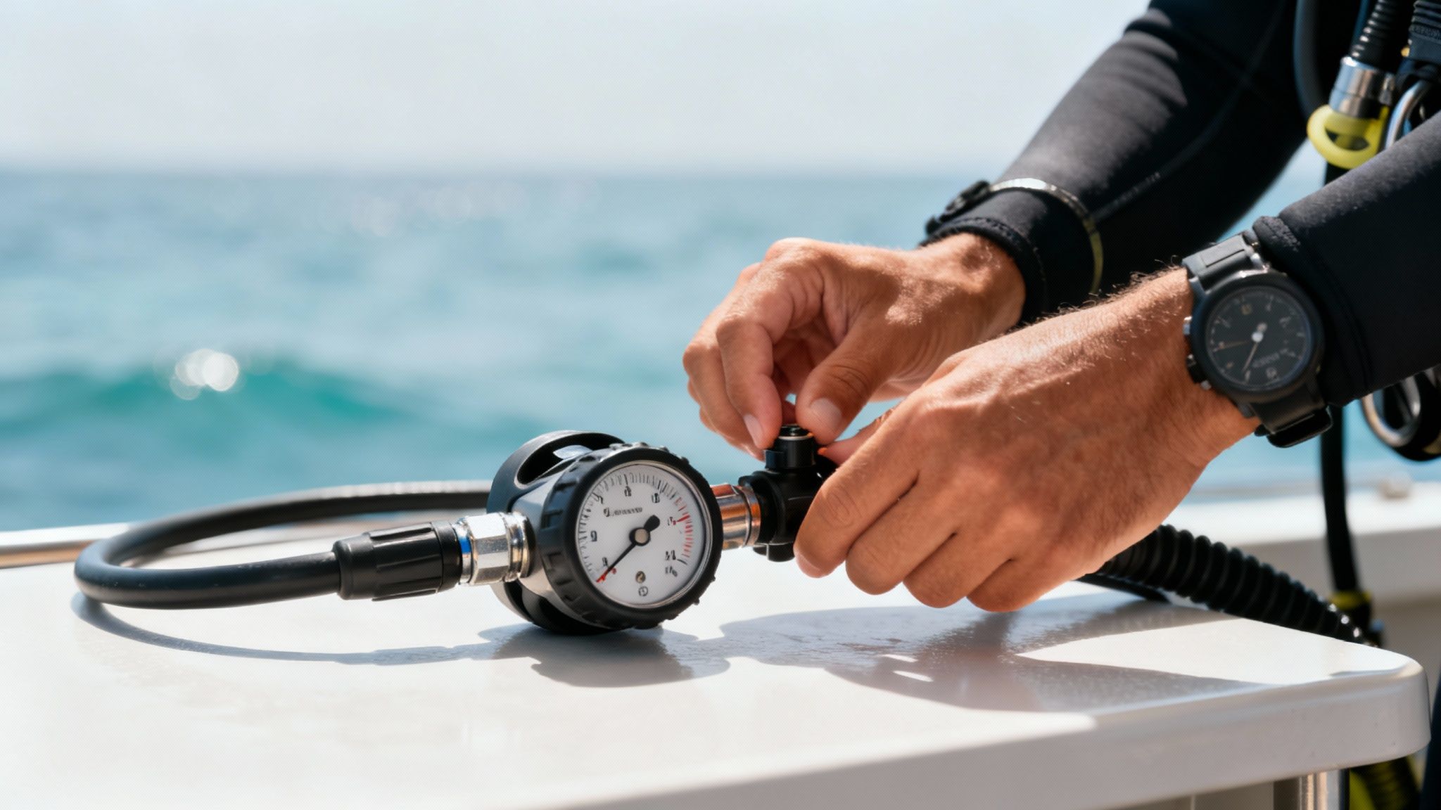 A scuba diver underwater gives the 'okay' hand signal.