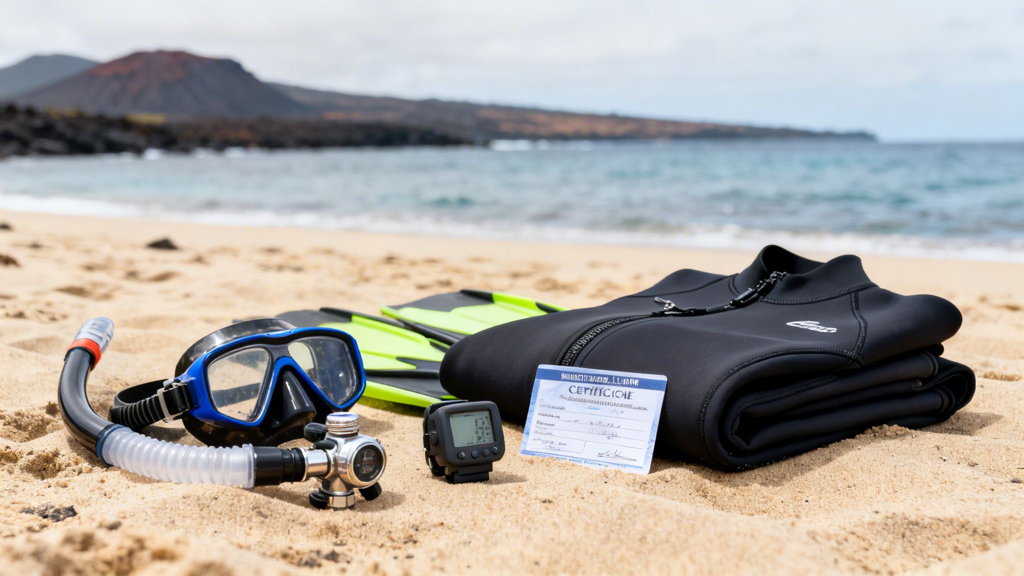 Scuba diving gear, including mask, snorkel, fins, wetsuit, and dive computer, on a sandy beach.