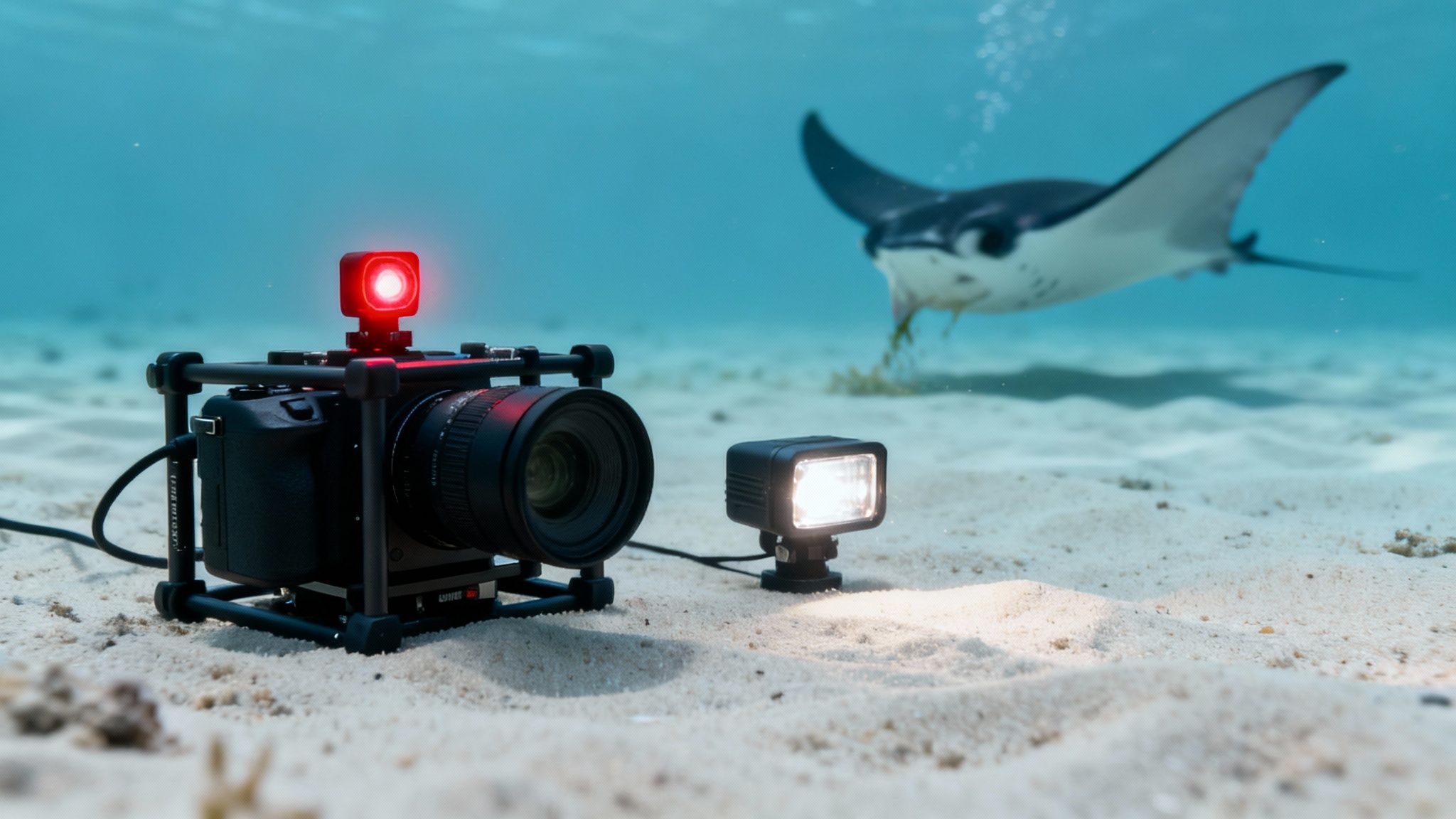 An underwater camera setup with a red light and flash on the sandy bottom, with a manta ray in the background.