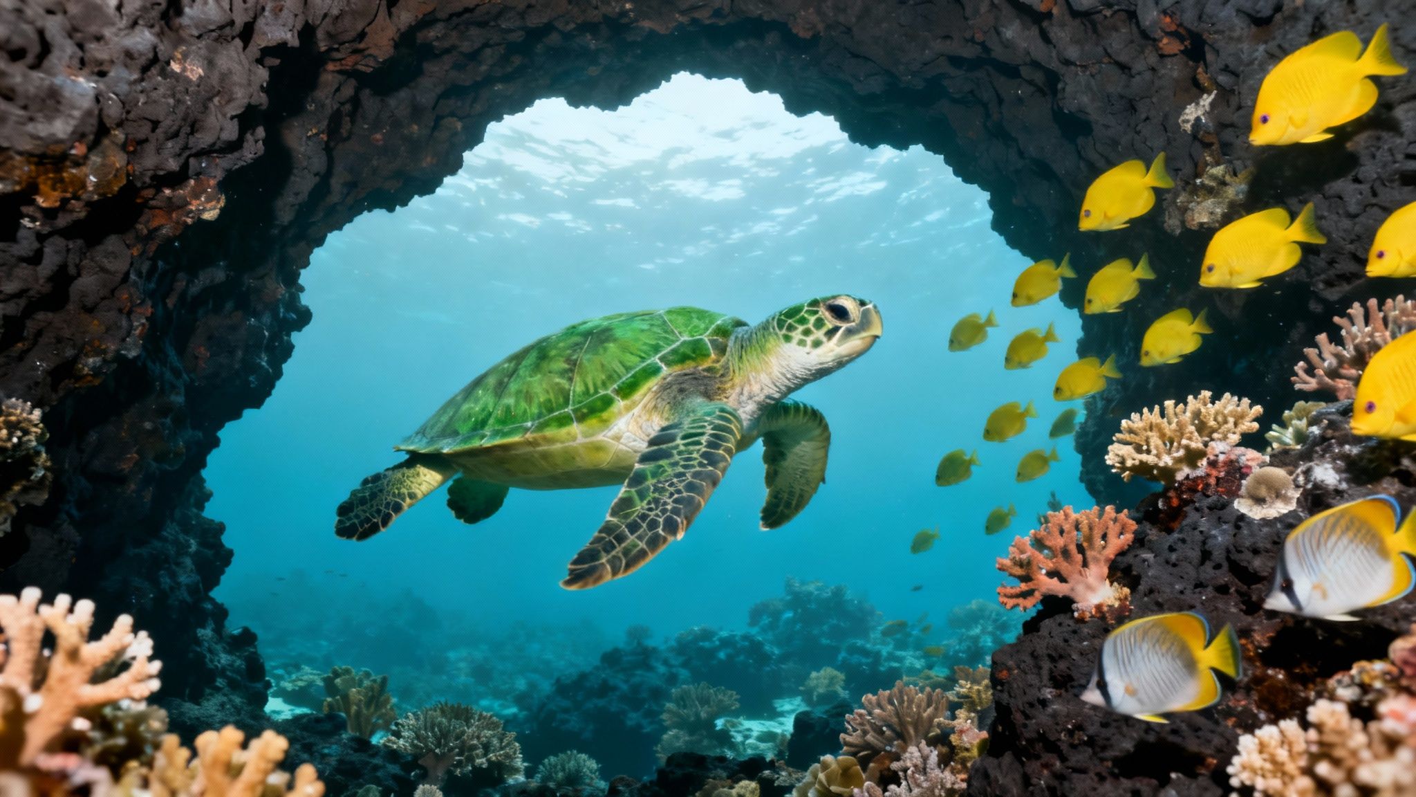 A green sea turtle (honu) glides effortlessly over a coral reef in Kona, Hawaii.