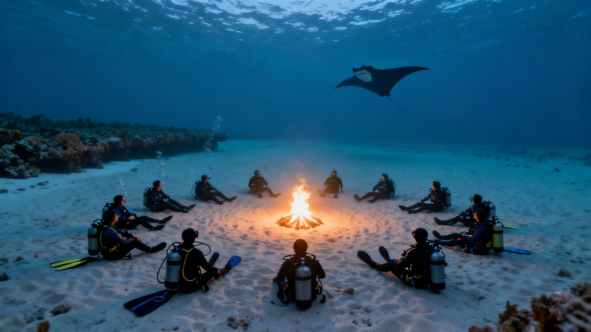 A scuba diver kneels on the sandy ocean floor at night, looking up as a massive manta ray glides just above them, illuminated by dive lights.