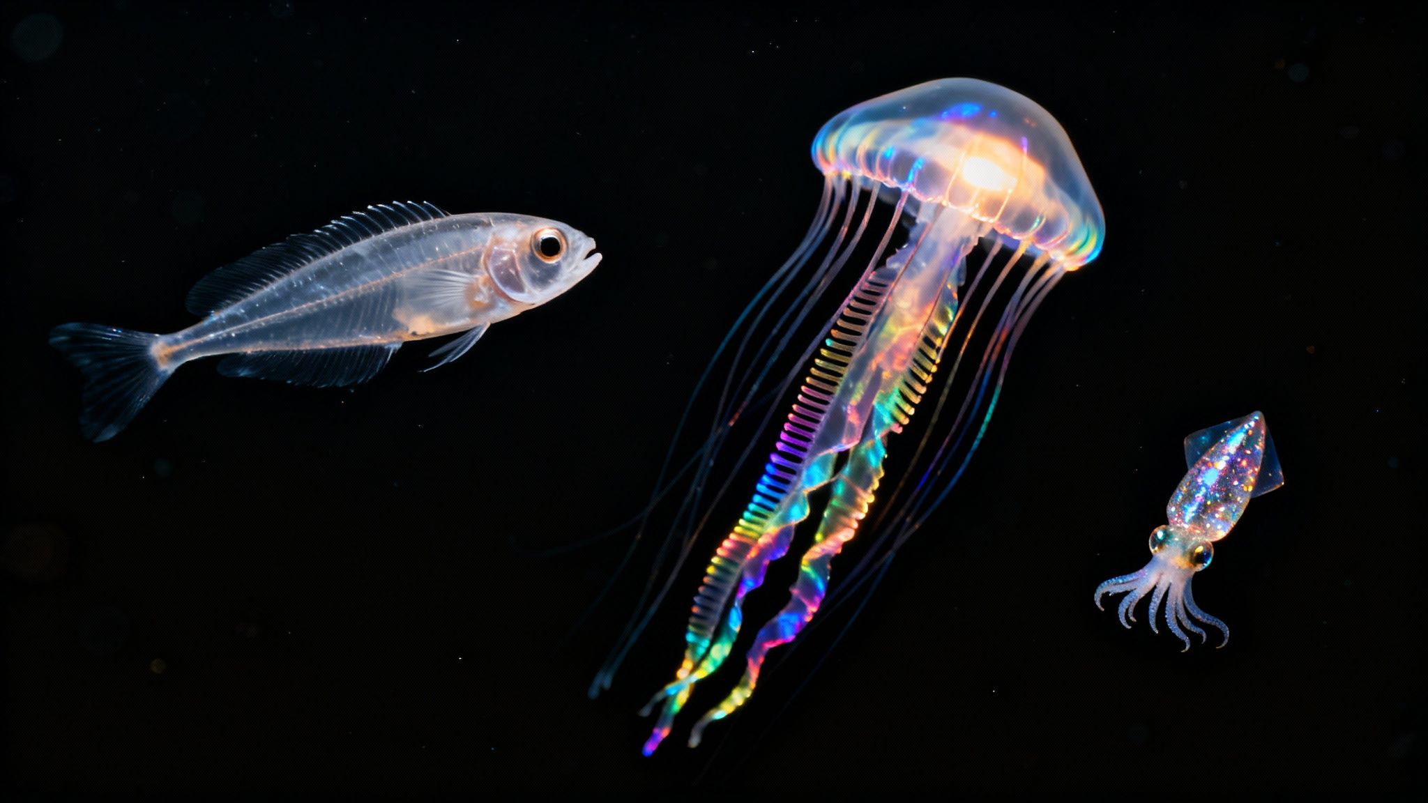 A transparent fish, an iridescent comb jelly, and a sparkling squid glow in dark ocean waters.