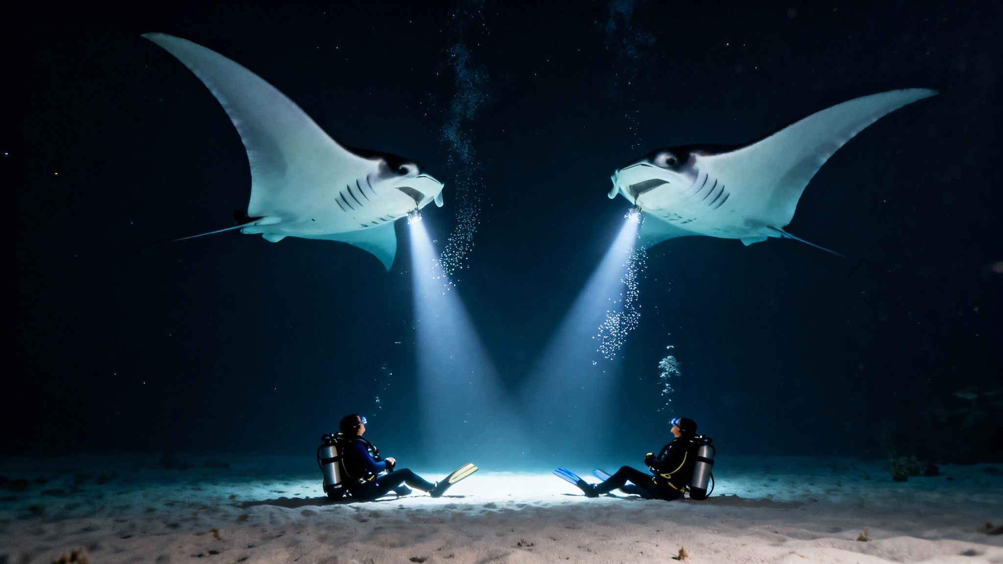 Two divers on the seabed gaze up at two giant manta rays illuminated by lights during a night dive.