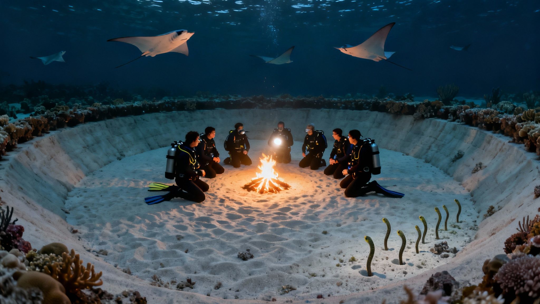 Scuba divers gather around a glowing underwater campfire with manta rays swimming above in the deep ocean.