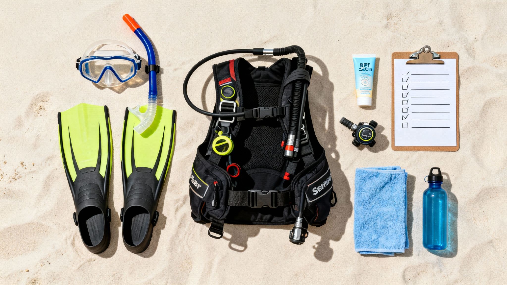 A flat lay of scuba diving equipment, including BCD, fins, mask, and snorkel, on sand.