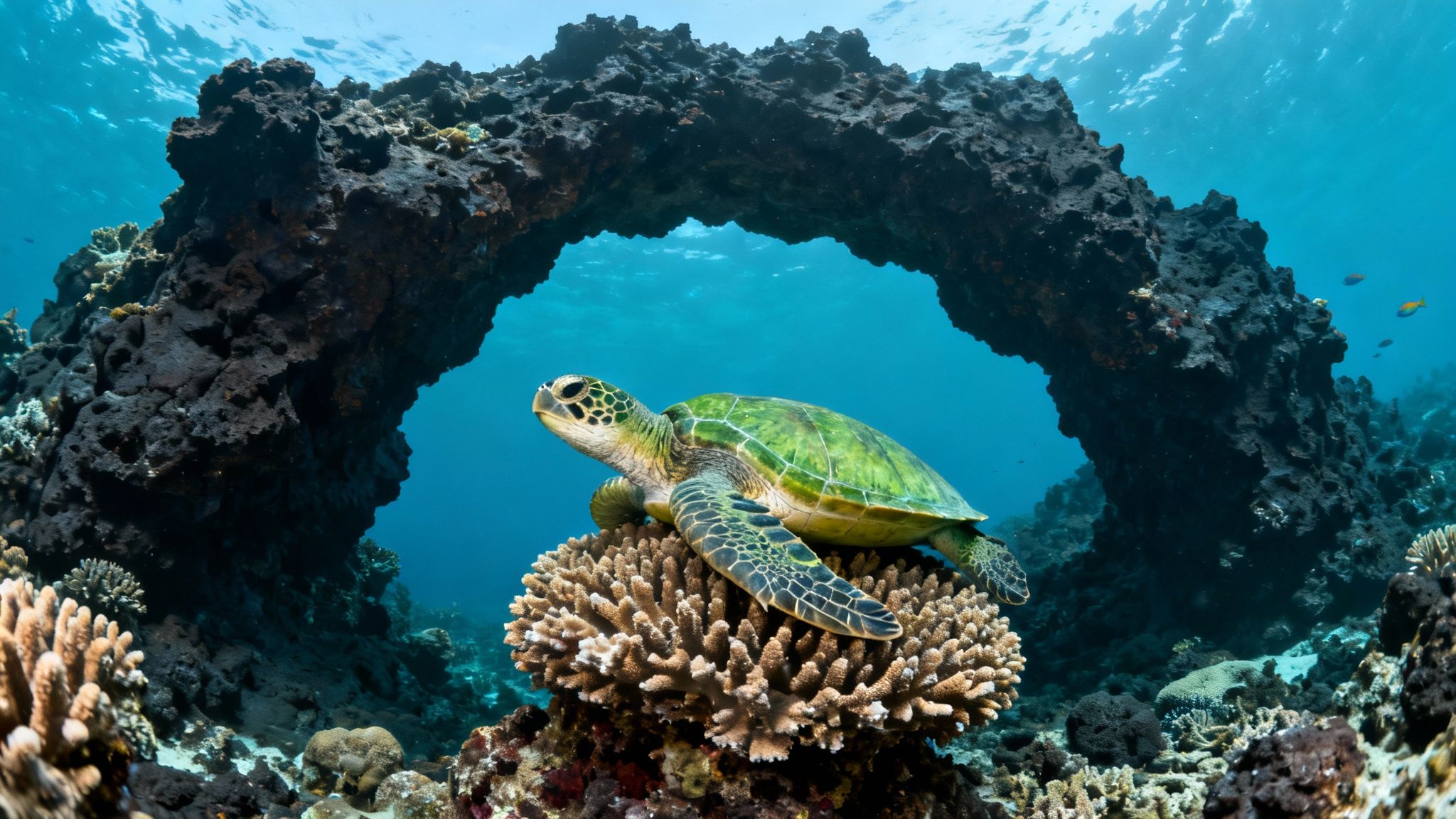A green sea turtle rests on coral under a natural rock arch in clear blue ocean water.