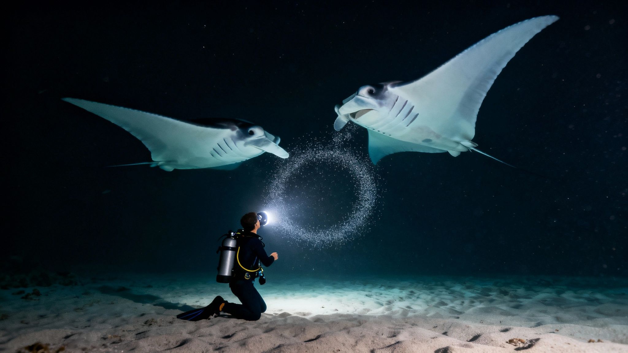 Scuba diver kneeling on sandy ocean floor photographing two majestic manta rays swimming overhead