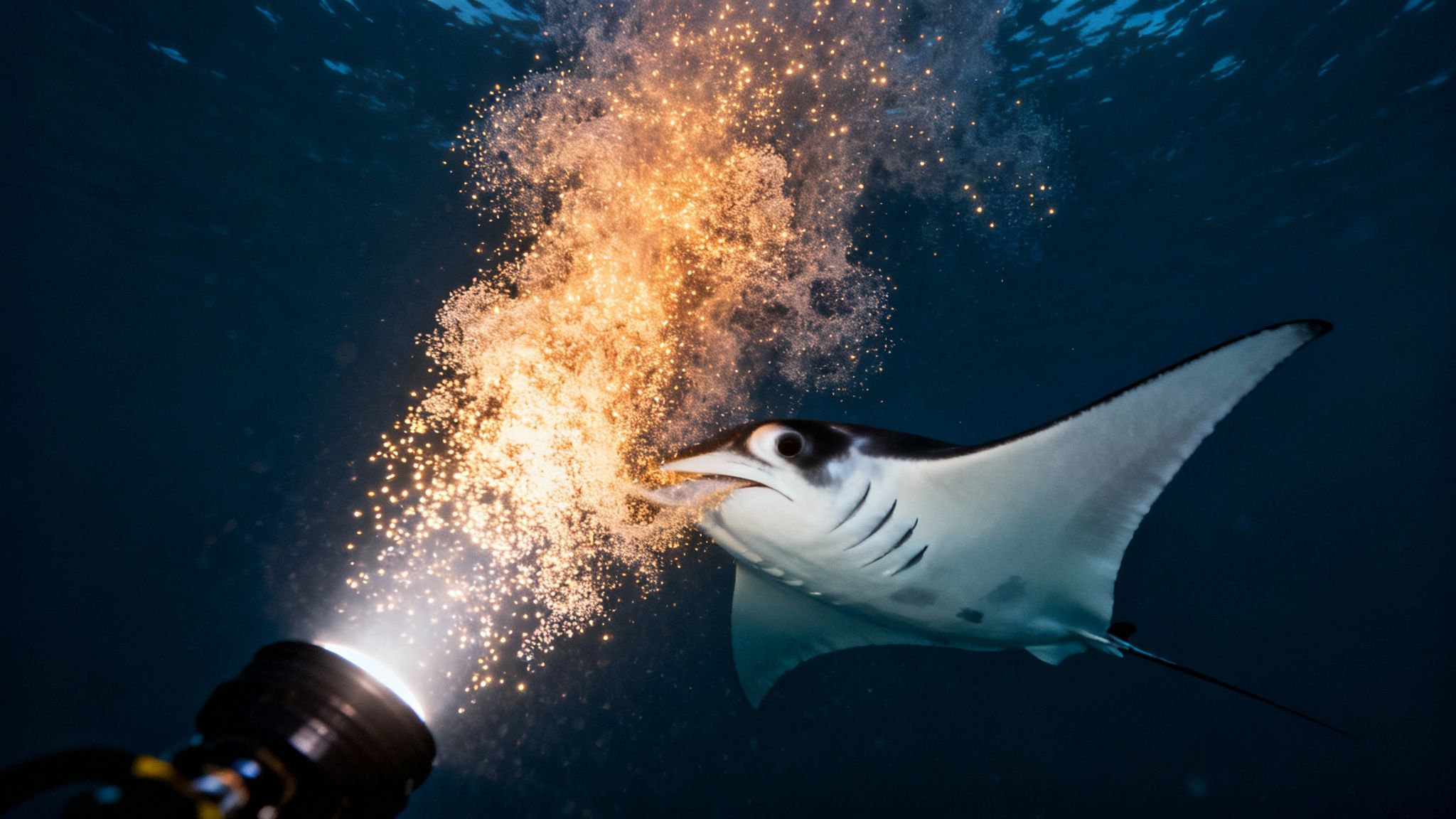 A majestic manta ray feeds on glowing plankton illuminated by a diver's light underwater.