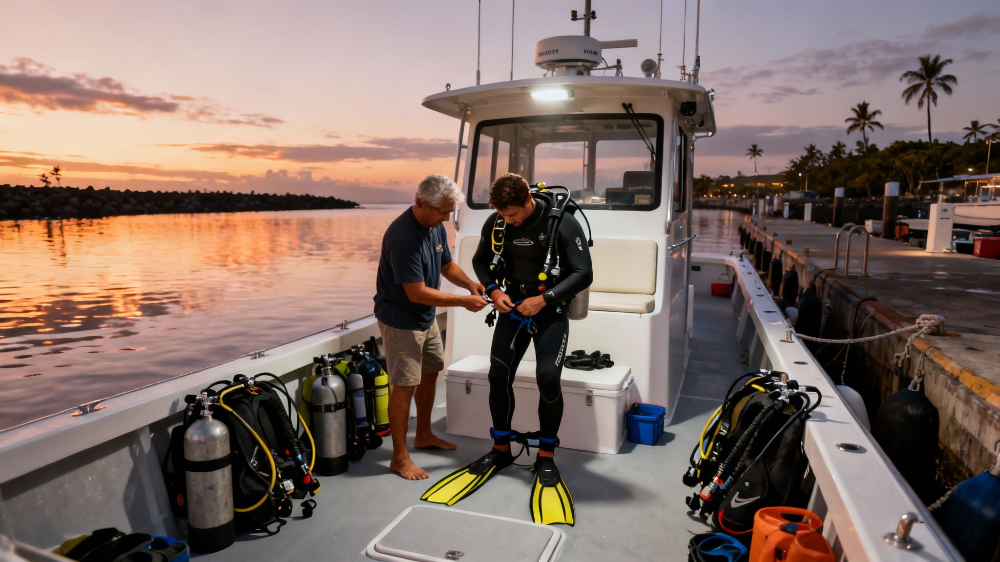 Two men on a boat at sunset, one helping the other put on scuba diving gear.