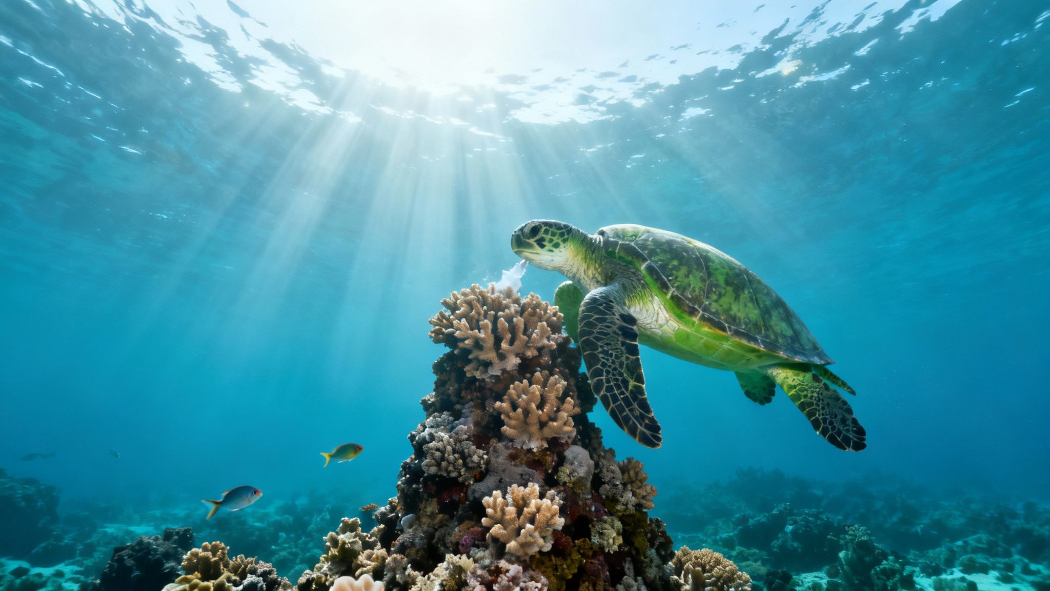 A vibrant green sea turtle gracefully swims beside a coral reef with sun rays illuminating the clear blue ocean.