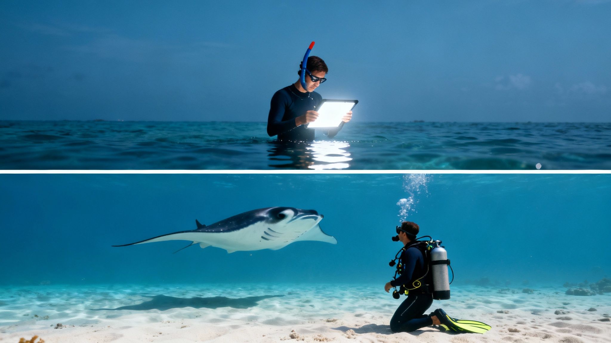 A snorkeler observes a manta ray from the surface during a night encounter in Kailua Kona.