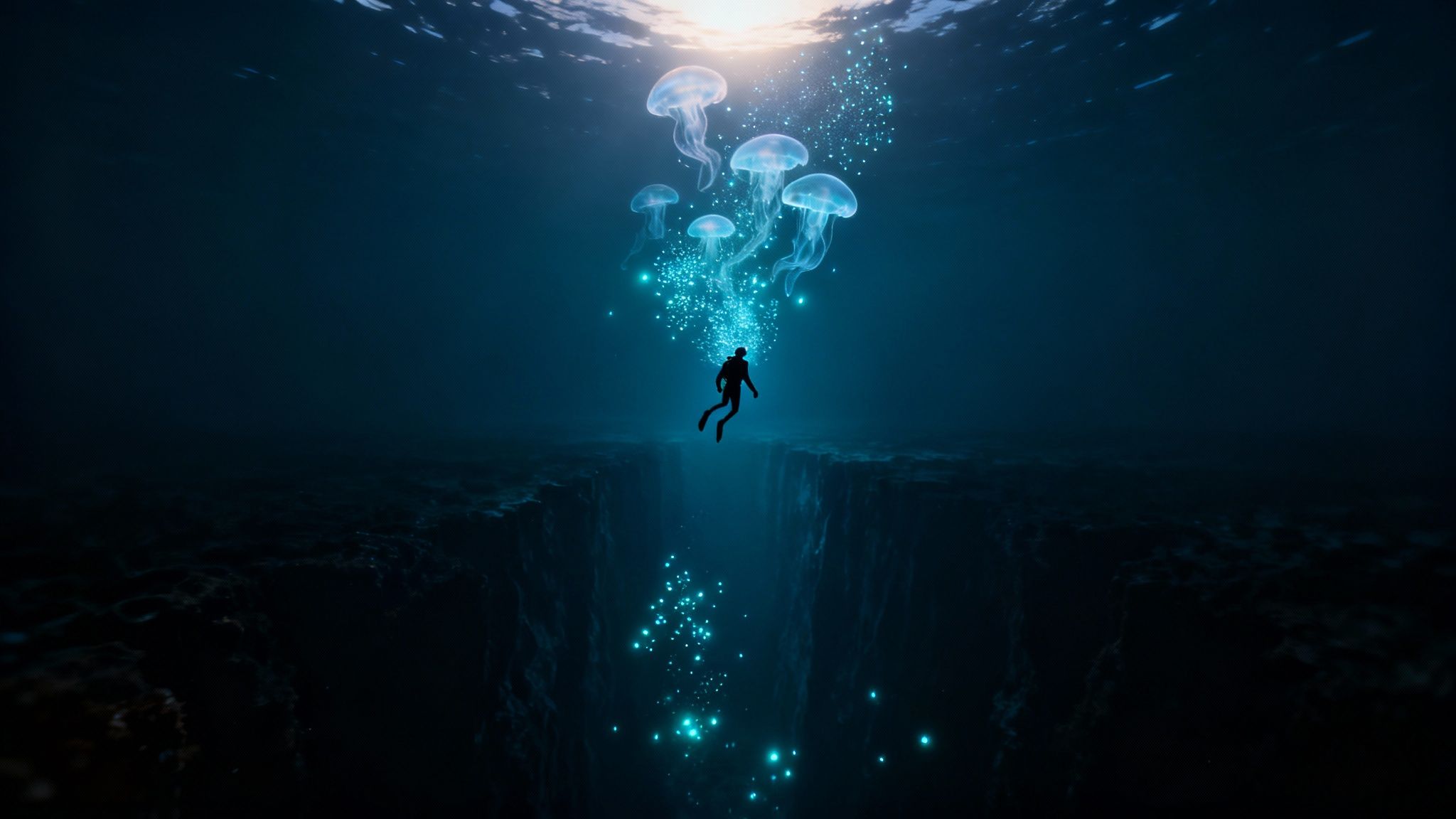 A diver floats above a deep ocean trench, surrounded by glowing blue jellyfish and bioluminescent particles.