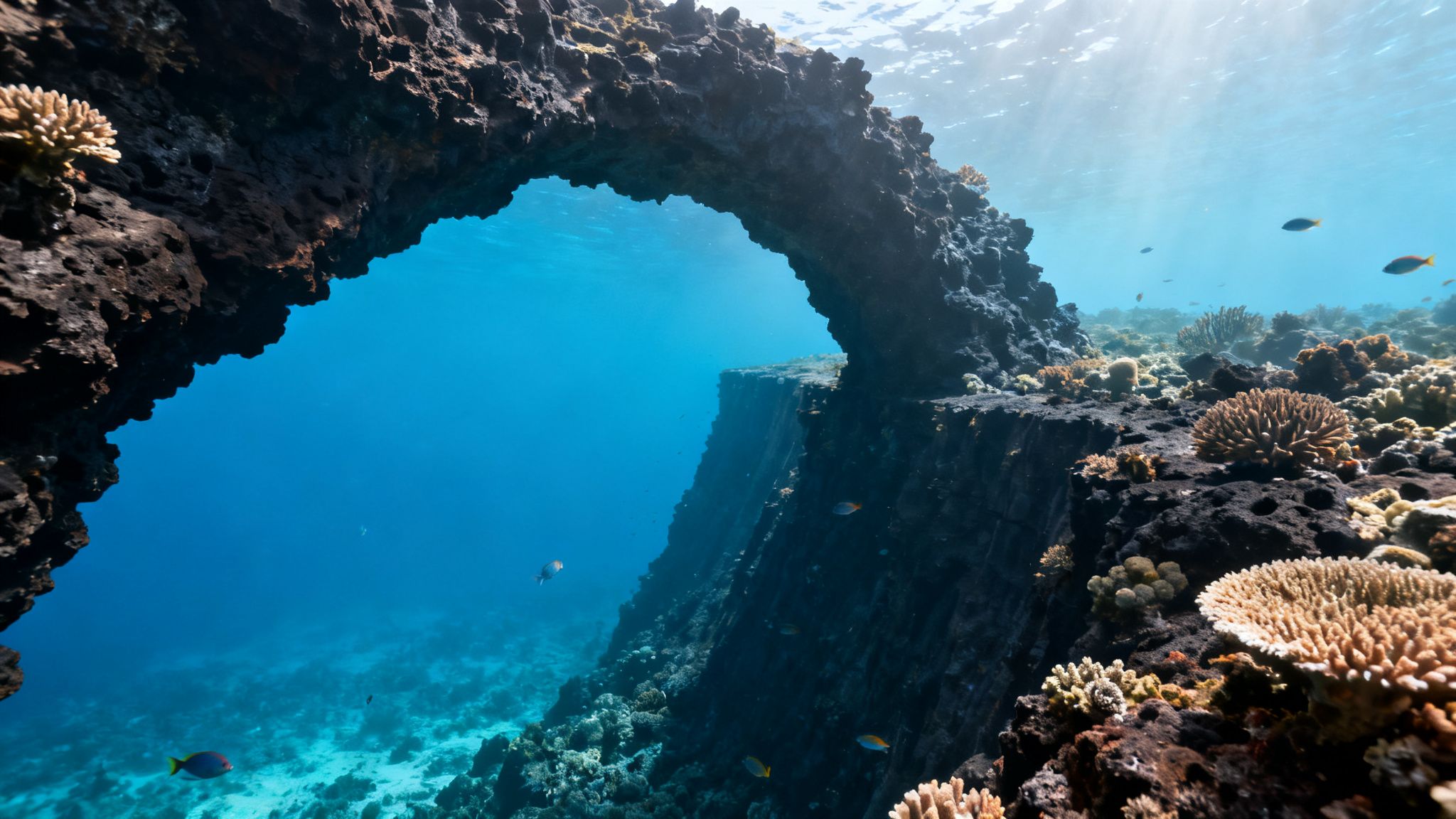 Stunning underwater archway with sunlight, diverse coral, and small fish in clear blue water.