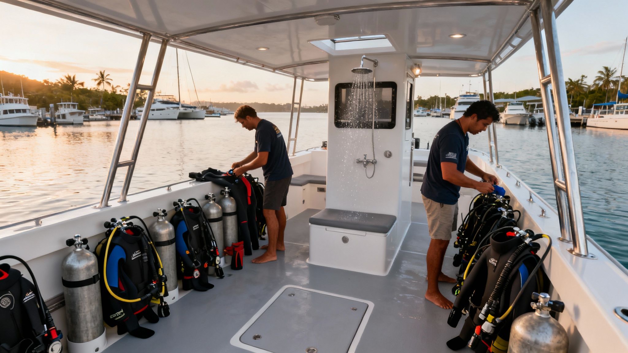 Two men preparing scuba diving equipment on a boat deck with many tanks, at sunset in a tropical harbor.