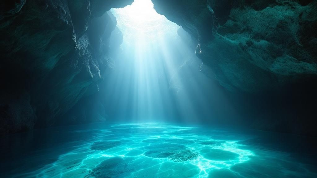 A scuba diver explores a massive underwater arch formed by ancient lava flows in Kona, Hawaii.