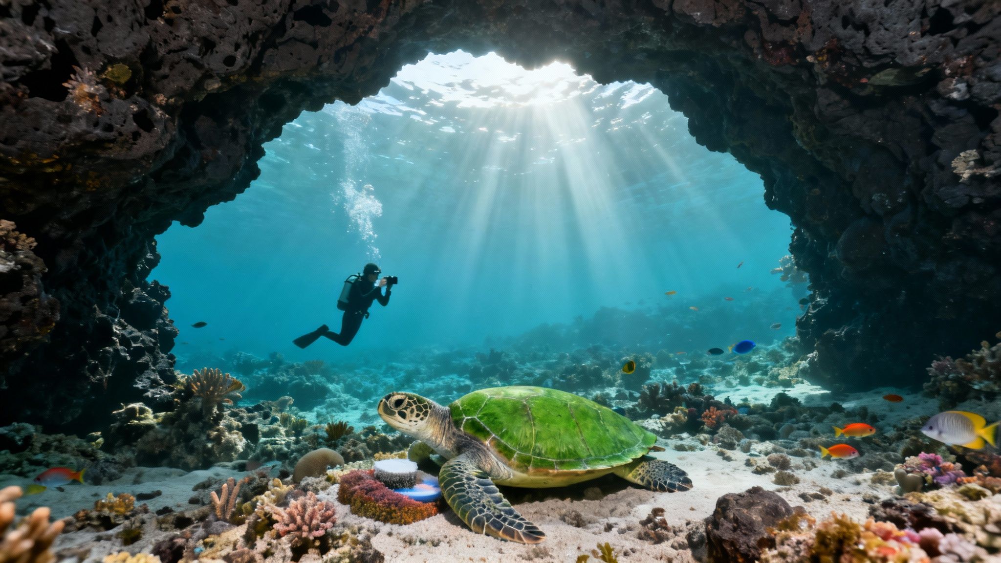 A scuba diver photographs a green sea turtle surrounded by vibrant coral and fish in an underwater cave.
