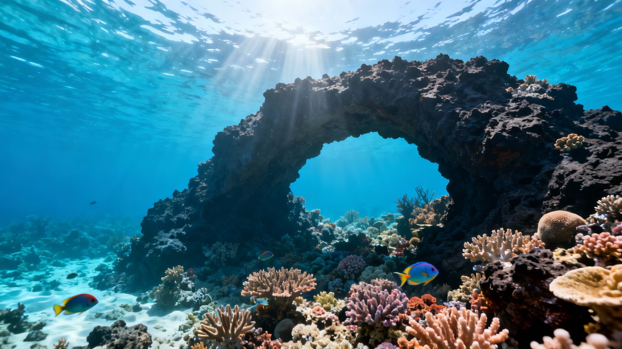 Underwater view of sun rays illuminating a vibrant coral reef and natural rock arch with colorful fish.