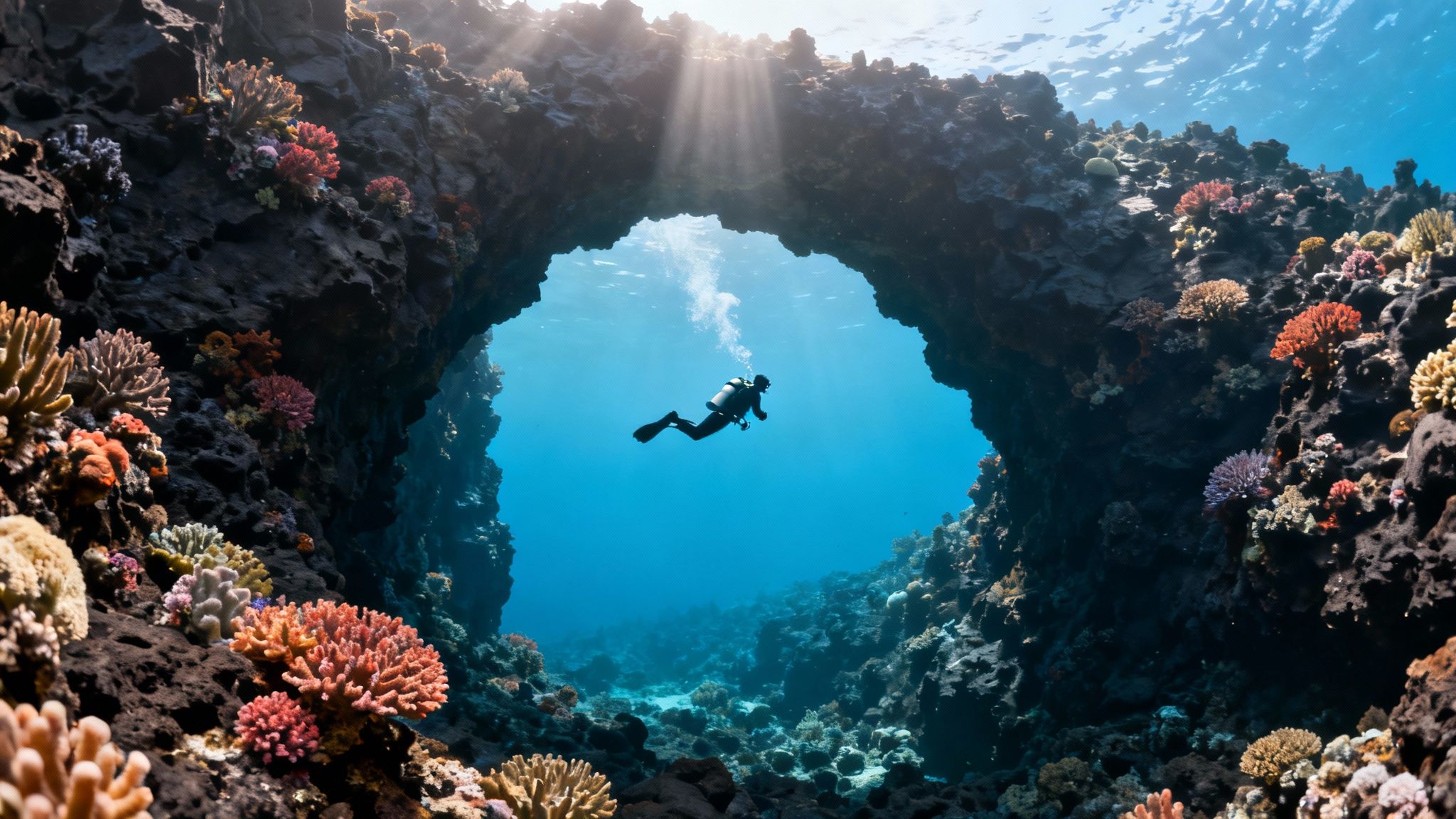 A scuba diver swims over a coral reef with a turtle nearby