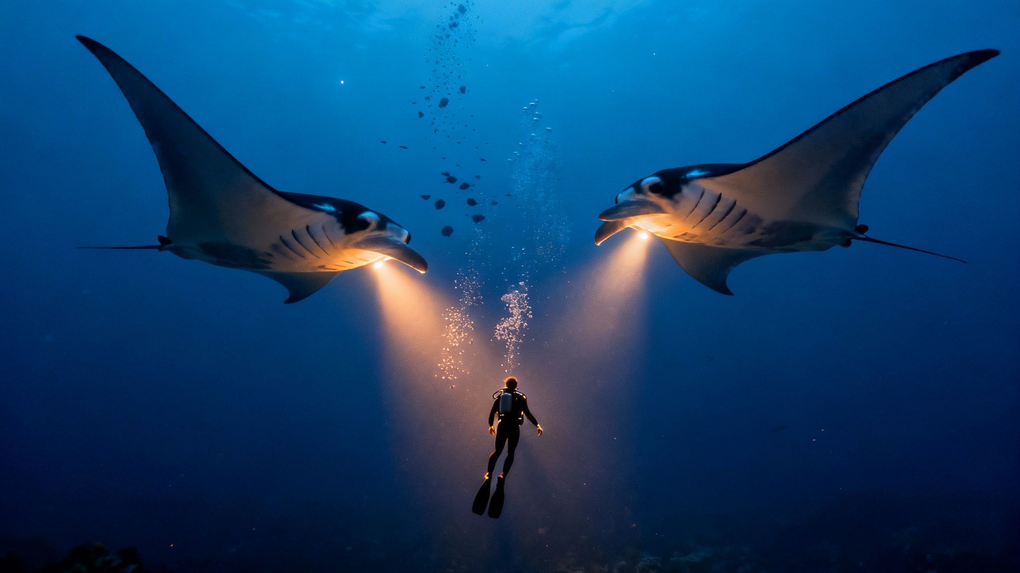 Giant manta ray swimming over scuba divers during a night dive in Kona, Hawaii