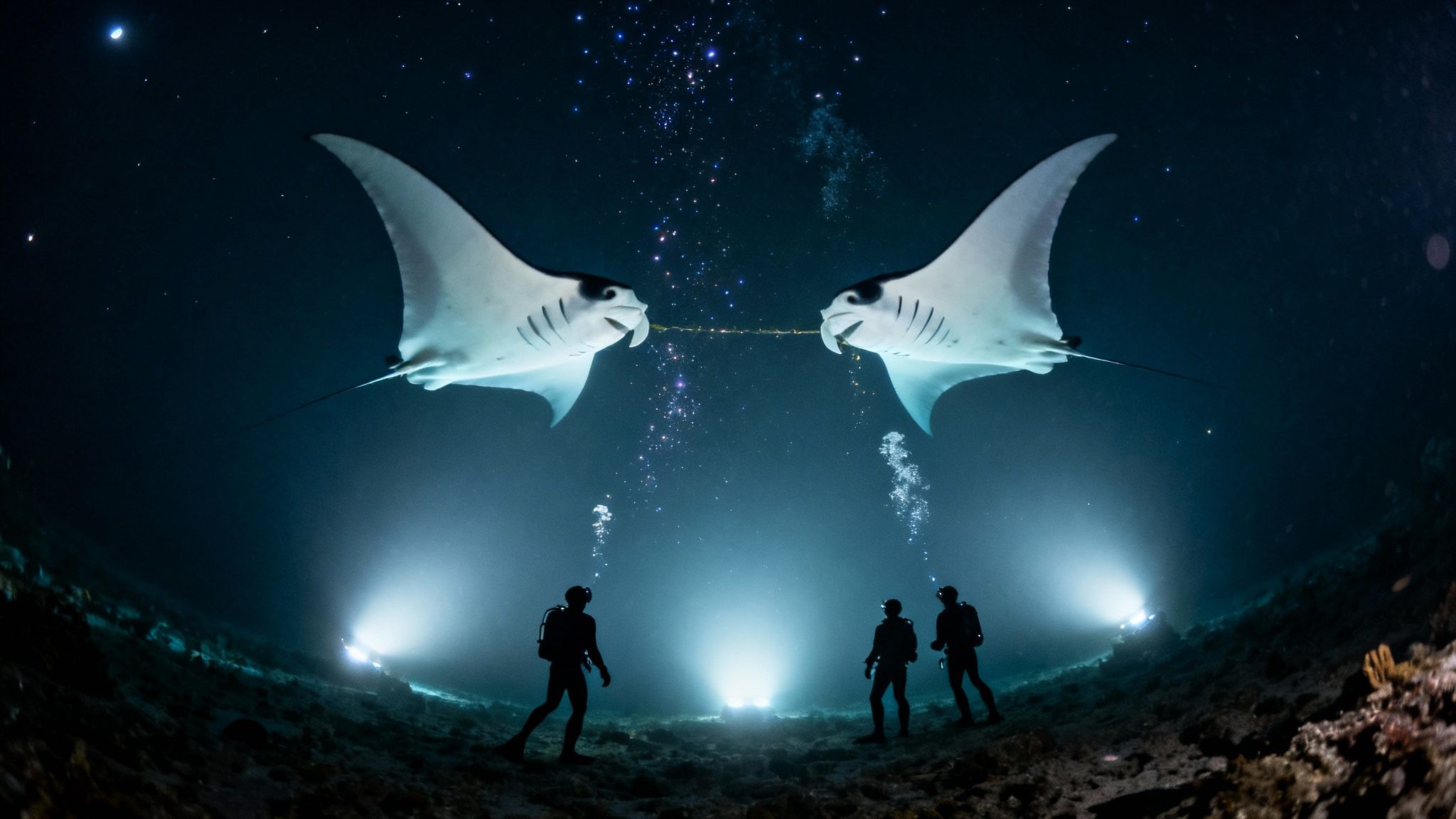 Two manta rays face each other, illuminated by three scuba divers on a stunning night dive.