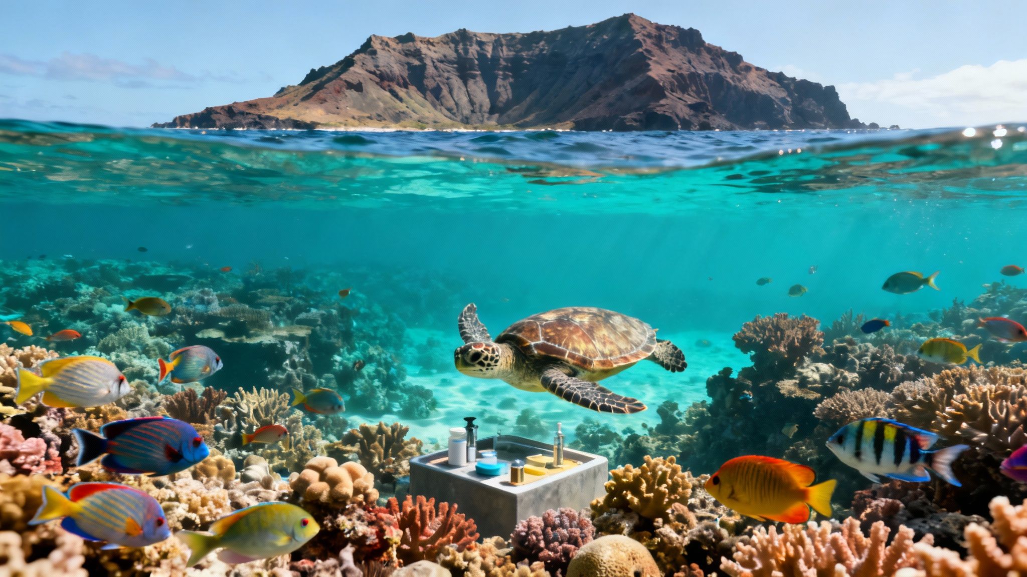 A vibrant underwater scene at Molokini Crater in Maui, showing clear water and abundant reef fish.