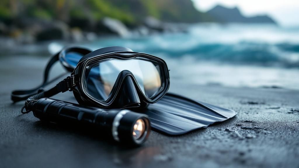 A scuba diver observing a large manta ray gliding overhead in the dark water.