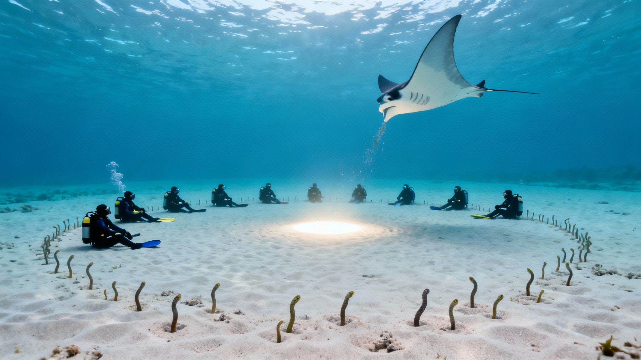 Divers sit in a circle on the seabed watching a manta ray feed over a glowing light, surrounded by garden eels.