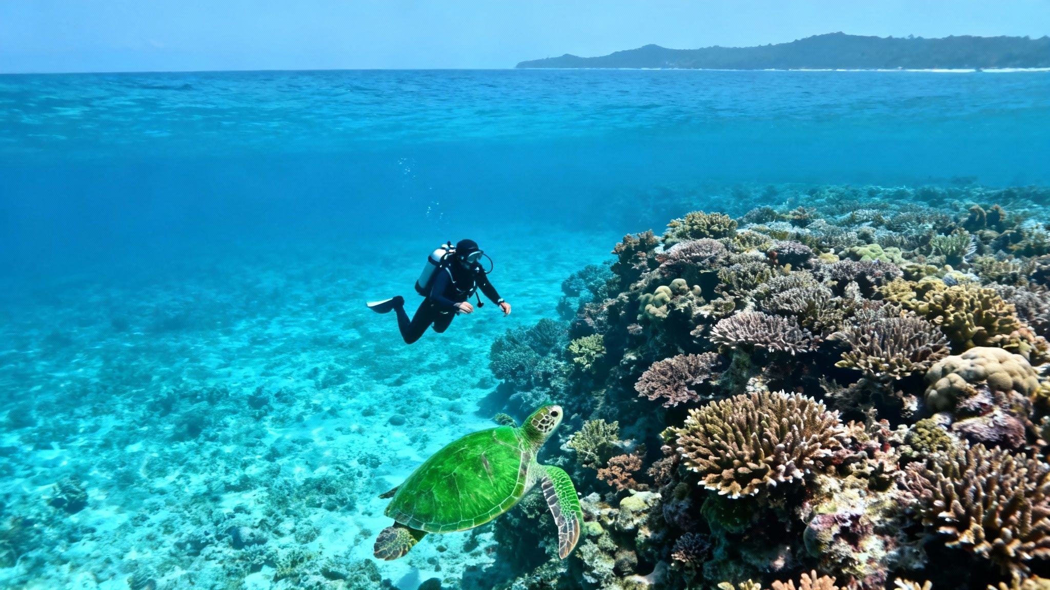 A scuba diver explores a vibrant coral reef with clear blue water and sunlight filtering from above on the Big Island of Hawaii.
