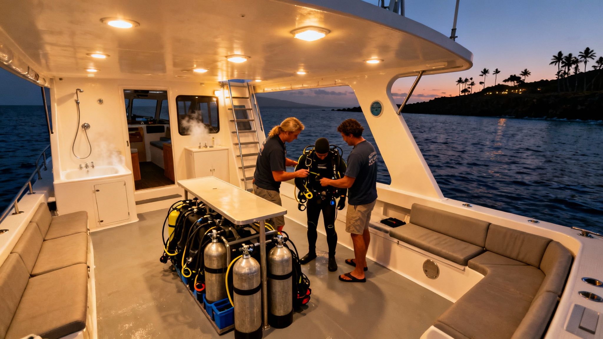 Three divers prepare on a well-lit boat deck at dusk with scuba tanks and ocean view.