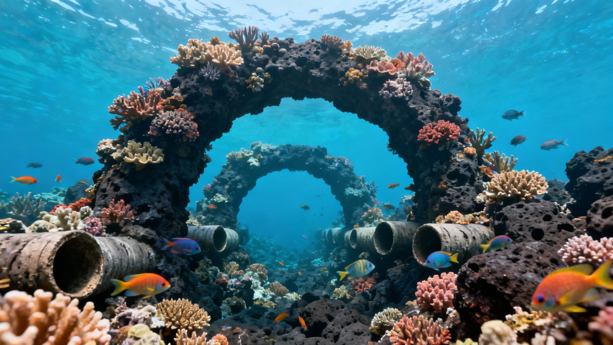 A scuba diver explores a vibrant coral reef with clear blue water in the background.