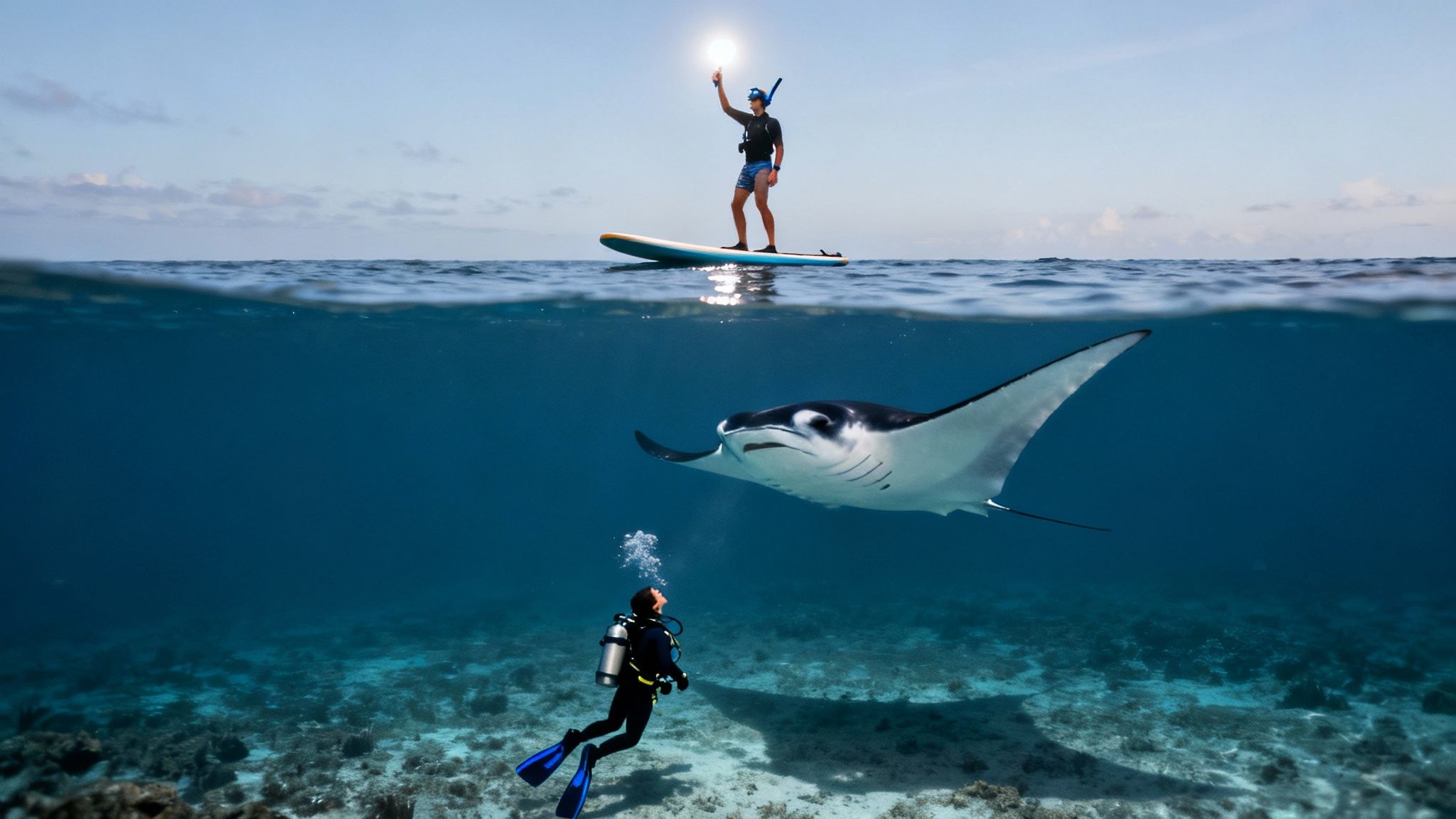 Two snorkelers watch a large manta ray swim just beneath the surface of the dark ocean at night.