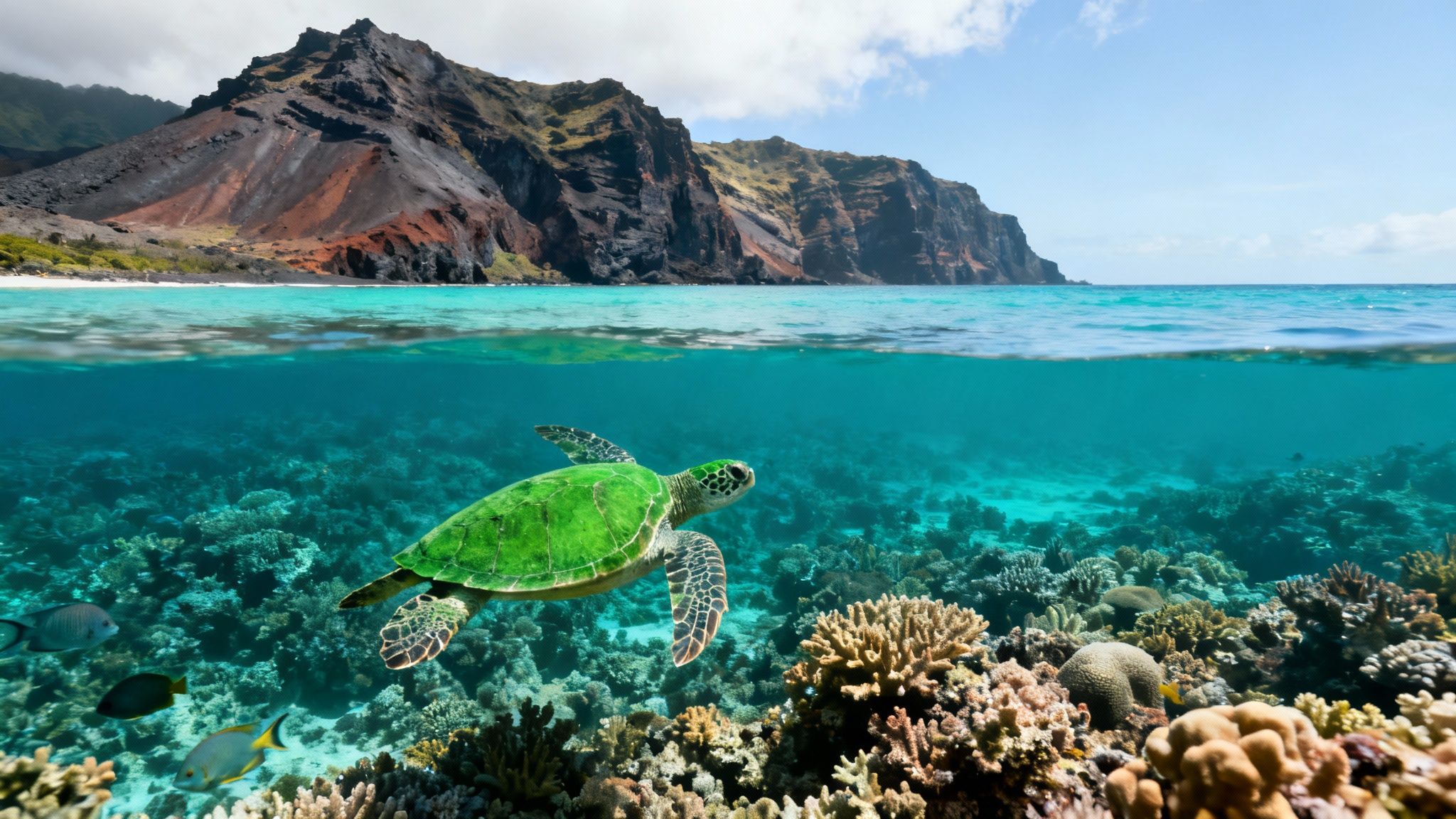 Green sea turtle swimming in a vibrant coral reef with volcanic mountains and beach above water.