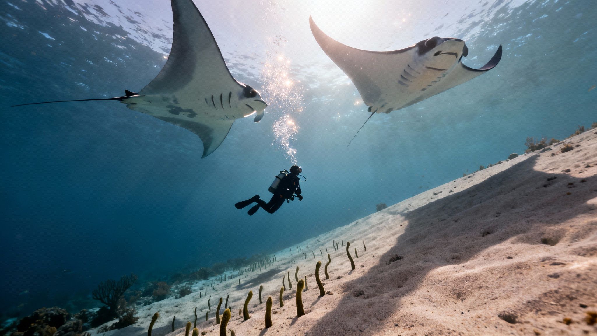 A scuba diver explores clear blue waters, swimming between two majestic manta rays with sunlight streaming from above.